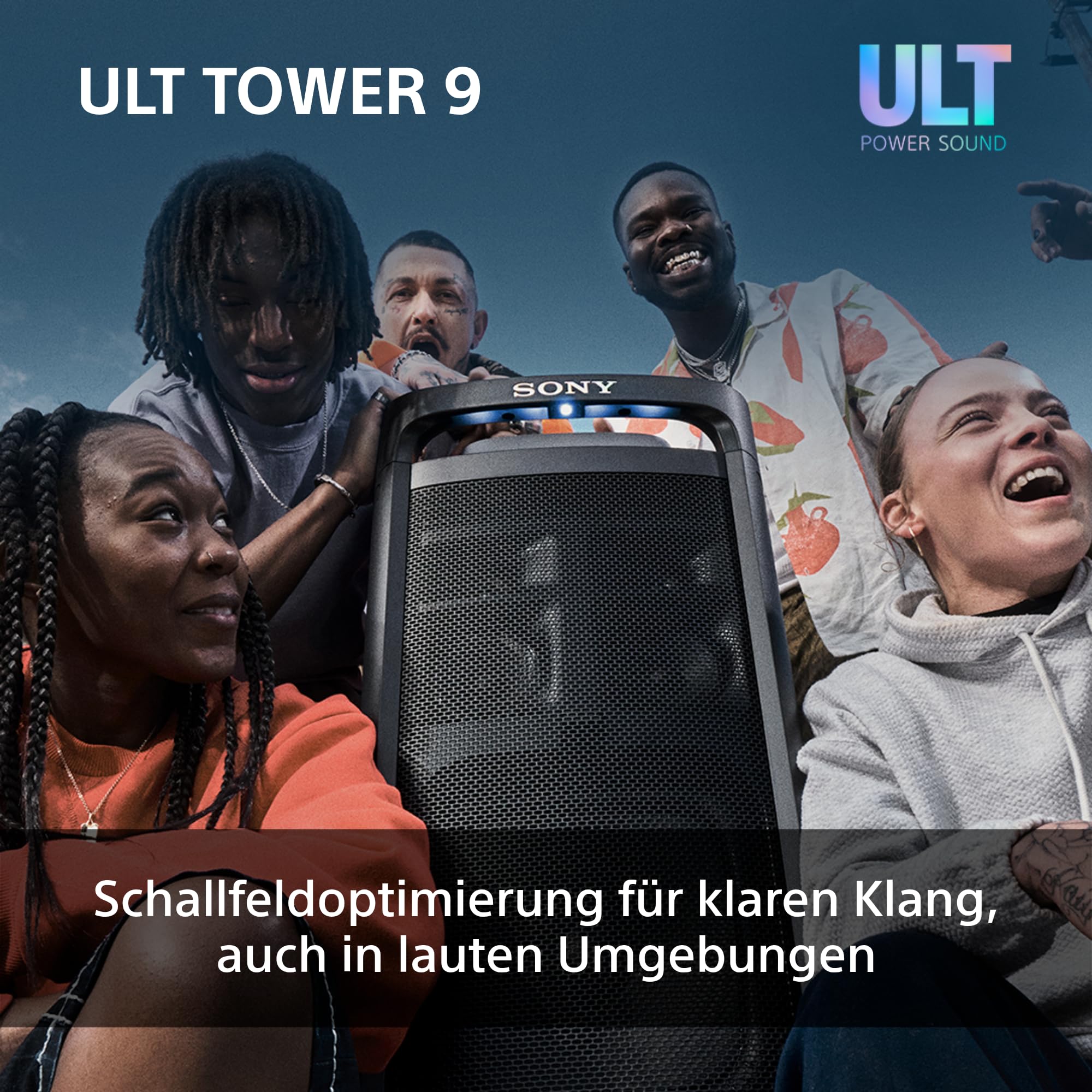 Sony ULT Tower 9 - Ultimativer Bluetooth-Party-Lautsprecher, 25 Stunden Batterie- und Netzbetrieb, 2 ULT Power Sound Modi, X-Balanced Speaker, 360° Beleuchtung & Sound, Karaoke-Eingänge - Schwarz