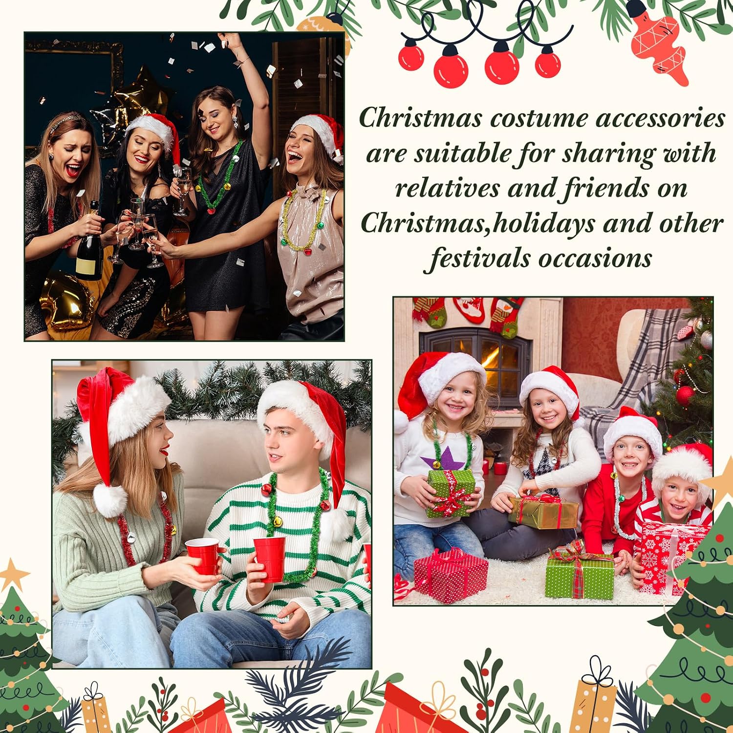 Civaner 12 Pcs Christmas Jingle Bells Necklaces Christmas Tinsel Necklaces Accessories Red Green White Yellow Ribbons Ornament Party Accessories Supplies for Adults Xmas Holiday Jewelry Gift image 4