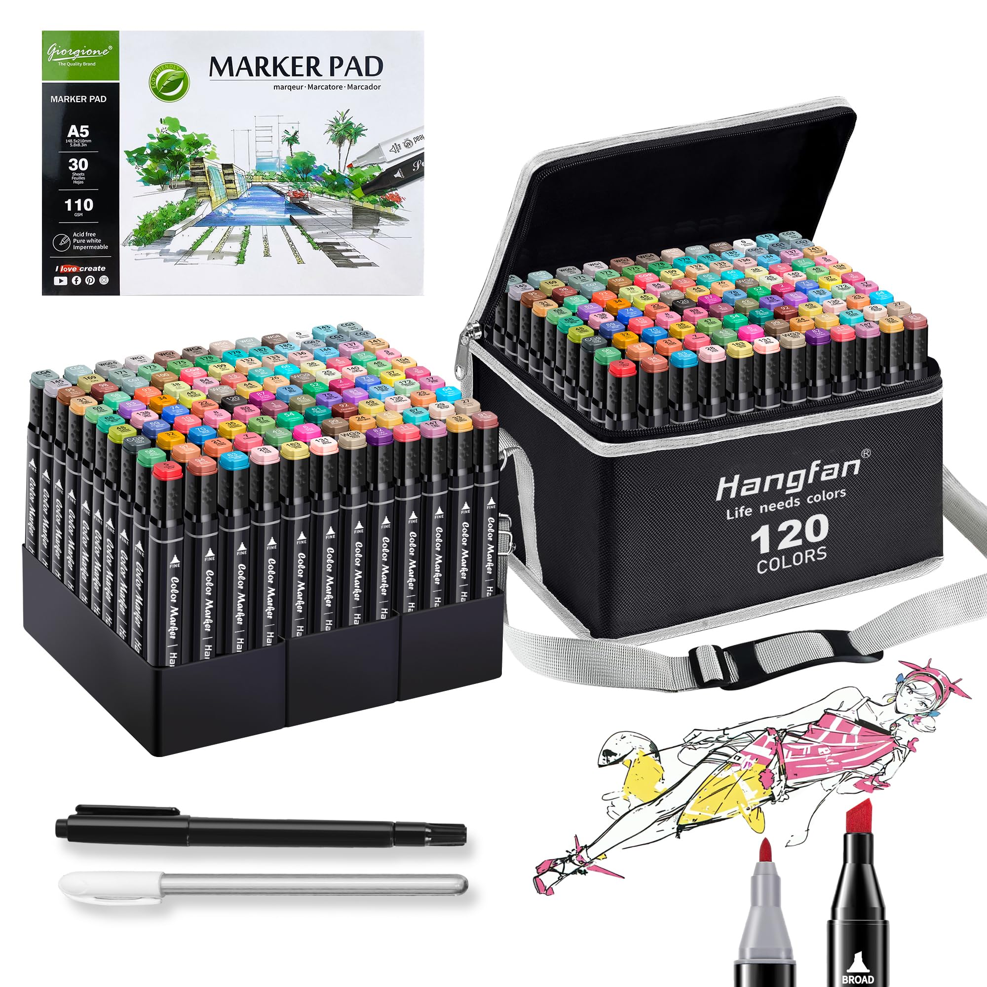 Marcadores de arte de tinta a base de alcohol, 120 colores, punta ancha y fina, juego de rotuladores permanentes para estudiantes profesionales, niños, ilustraciones para colorear, dibujar,