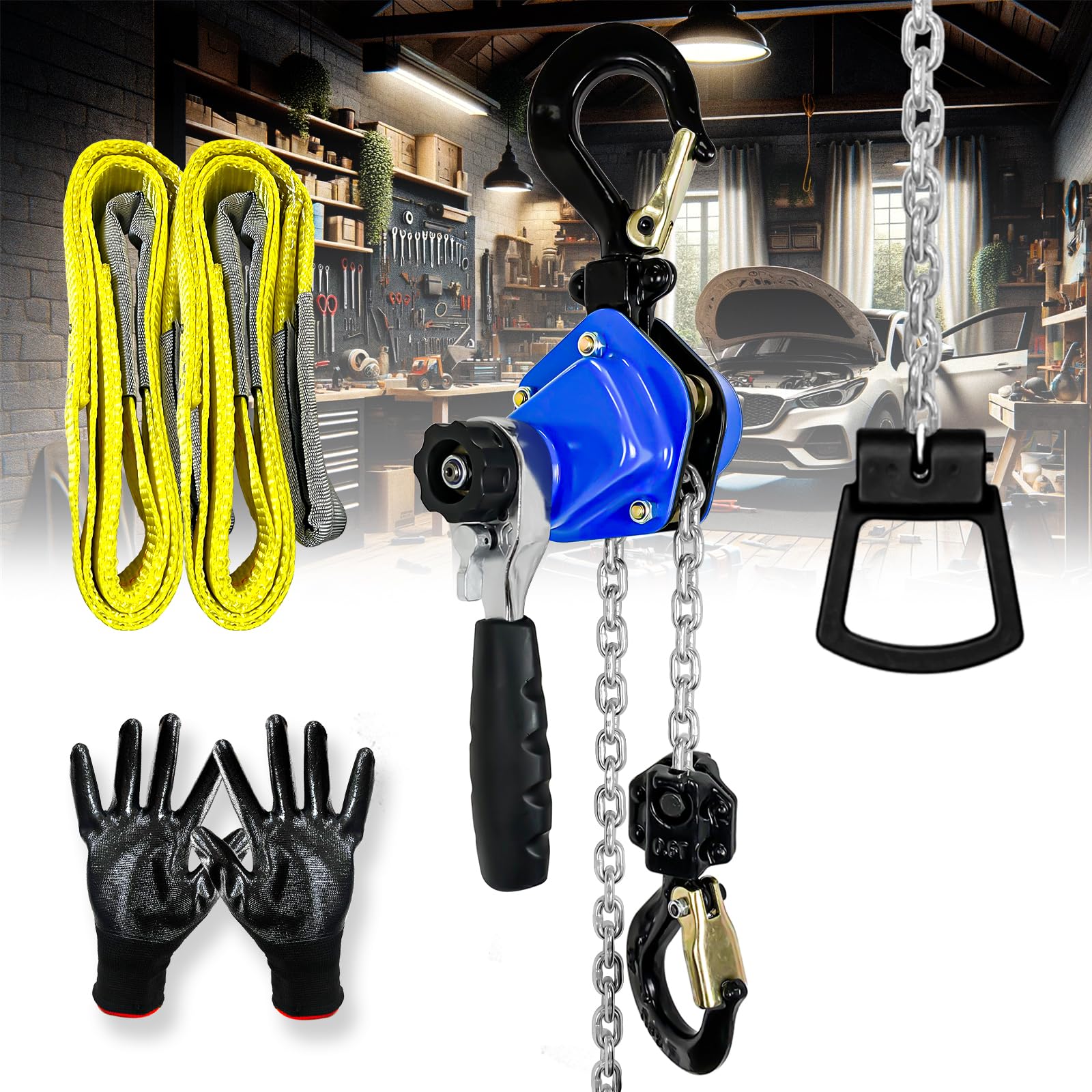Mini paranco a catena da 1/2 tonnellata 499 kg con 2 cinghie di sollevamento e guanti – Con sollevamento di 3 m, catena in lega di acciaio G80, doppi ganci resistenti per garage, magazzini,