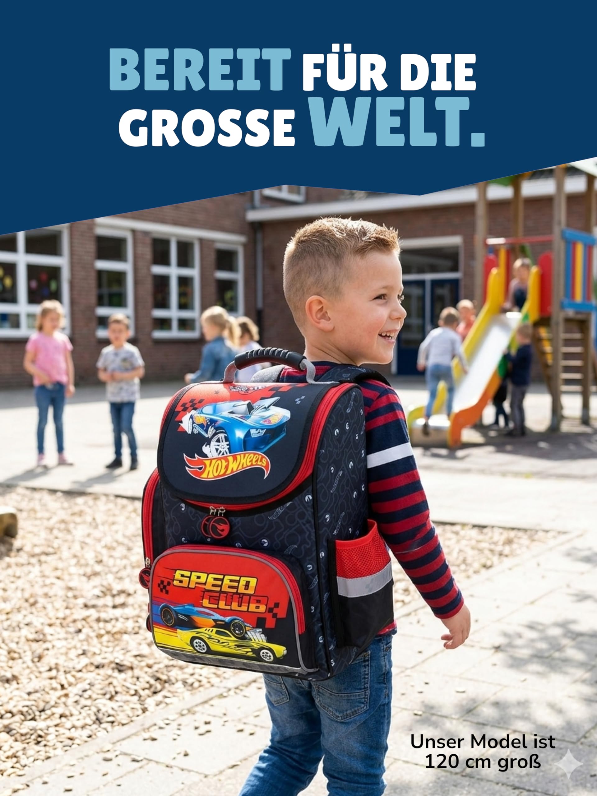 Familando - Schulranzen Set - 7-teilig mit Sporttasche - Hot Wheels - Ergonomisch, stabil & mit gepolstertem Rücken - 1010g leicht - 18L Volumen - Mit Reflektoren - Für Grundschule ab 1. Klasse