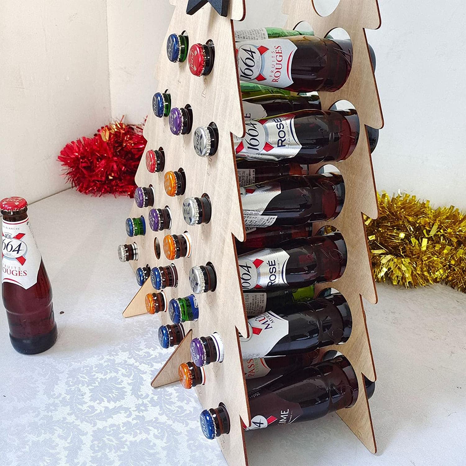 Árbol de navidad, Cuenta regresiva al calendario de la torre de la cerveza de la Navidad, naturaleza de madera del árbol de madera del calendario de adviento, mini botella de vino CALENDARIO DE ADVICU