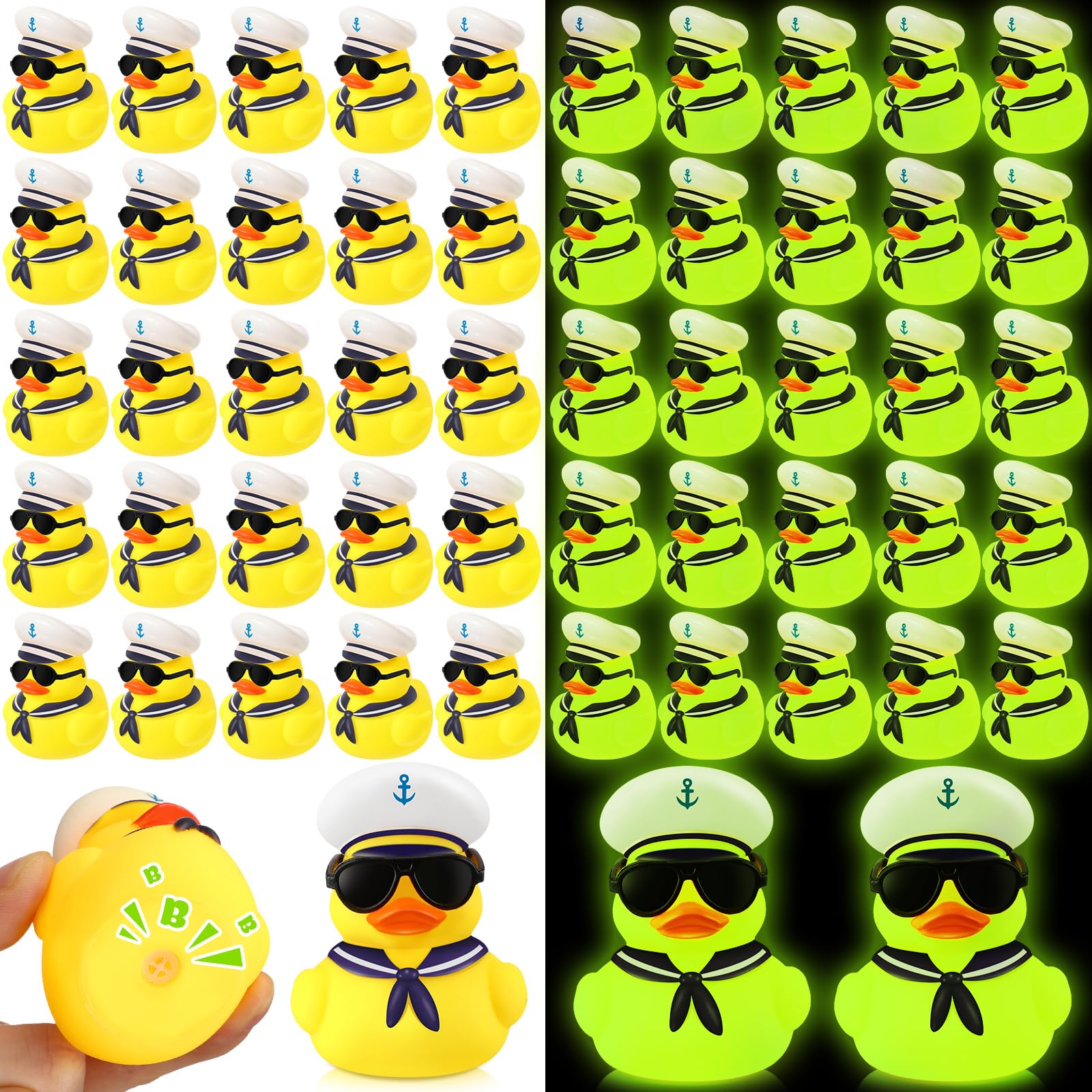 Simgoing 24 Pcs Cruise Duck Gift Bulk Glow in The Dark Rubber Ducks with Sunglasses Tiny Sailing Toy Squeaky Nautical Ship Toy for Birthday Baby Shower Party Favors Classroom Carnival