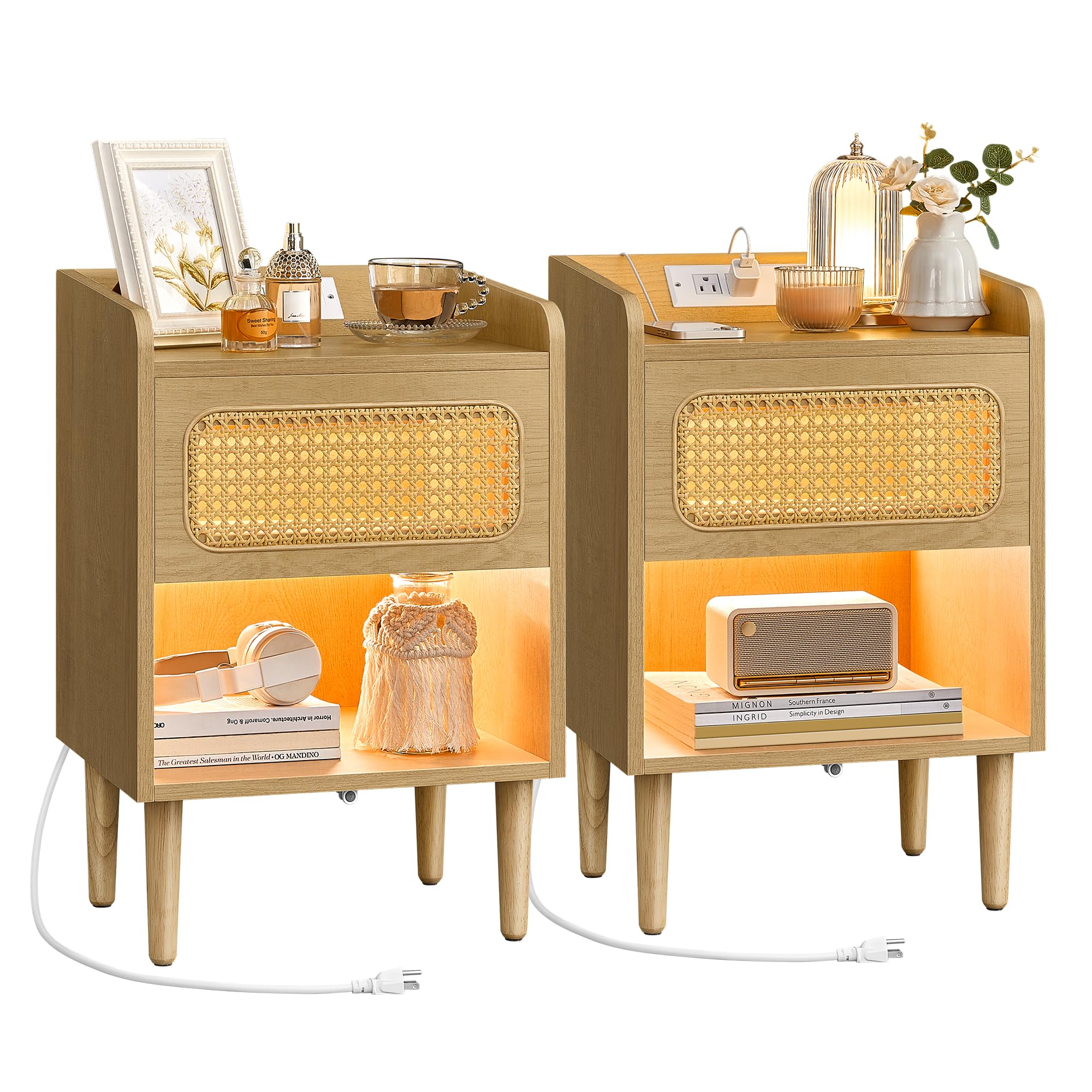 SONGMICS HOME BOHOVEN Collectie - Nachtkastje met oplaadstation, bijzettafel met bewegingssensor, salontafel met rotanlook, massief houten poten, slaapkamer, boho-stijl, eikenbeige LET617Y02V1