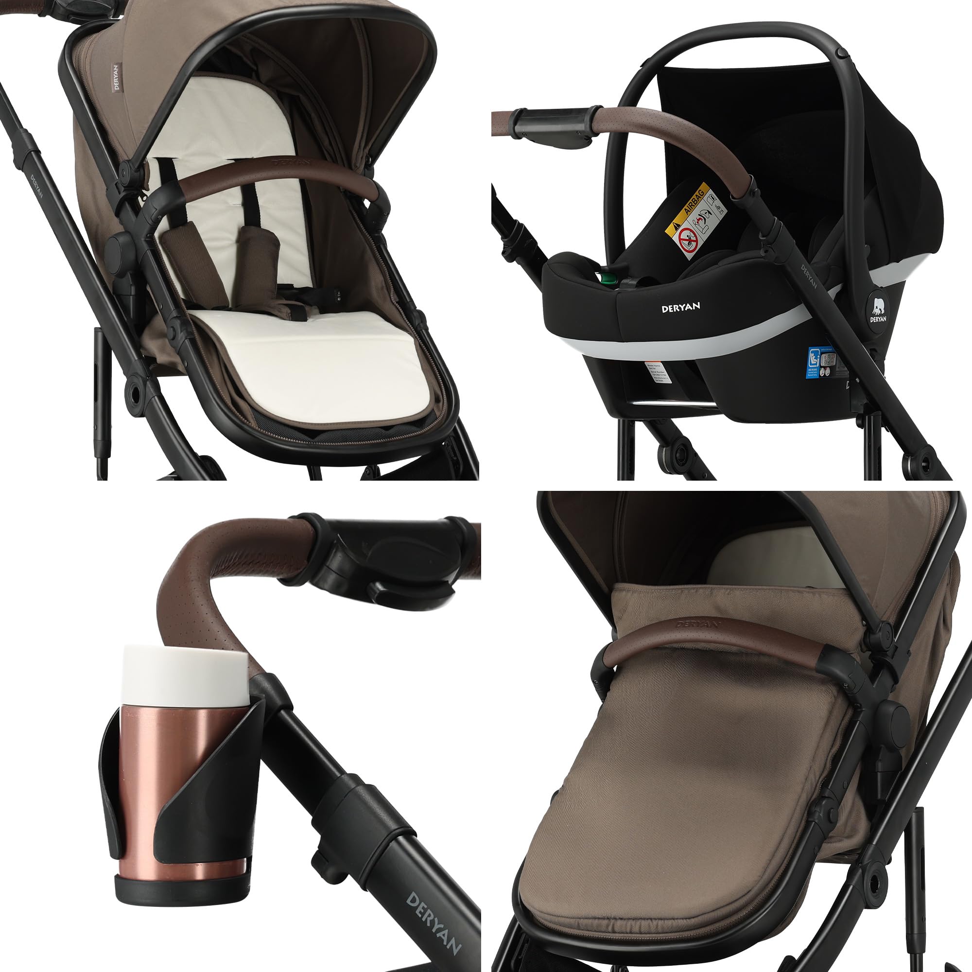 Deryan NOA Passeggino combinato 3 in 1, con seggiolino auto, passeggino multifunzione, con lettino, seggiolino sportivo e seggiolino, leggero e pieghevole, Nocciola