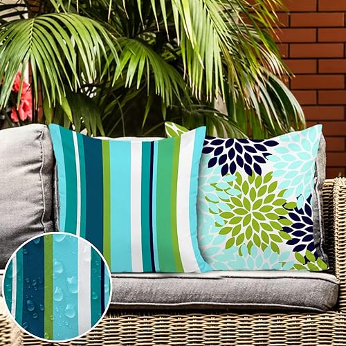 Miniatura 6 de Jartinle Juego de 4 fundas de cojín para exteriores de 18 x 18 pulgadas, impermeables, con estampado geométrico y estampado floral bohemio para