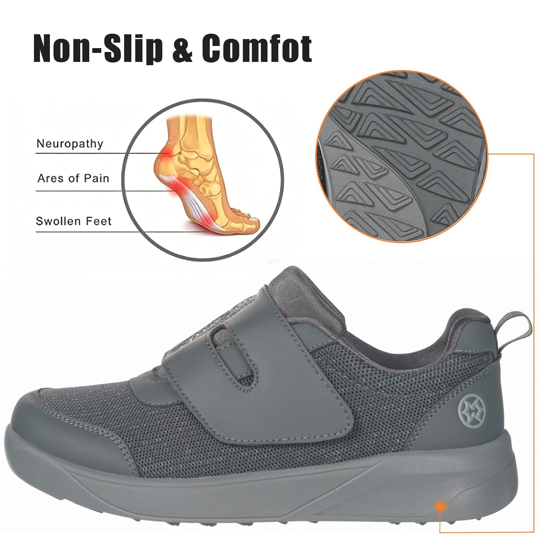 Sisttke Zapatos para diabéticos para hombre, puntera ancha, zapatos para caminar para ancianos hinchados, edema, neuropatía y alivio del dolor de pies