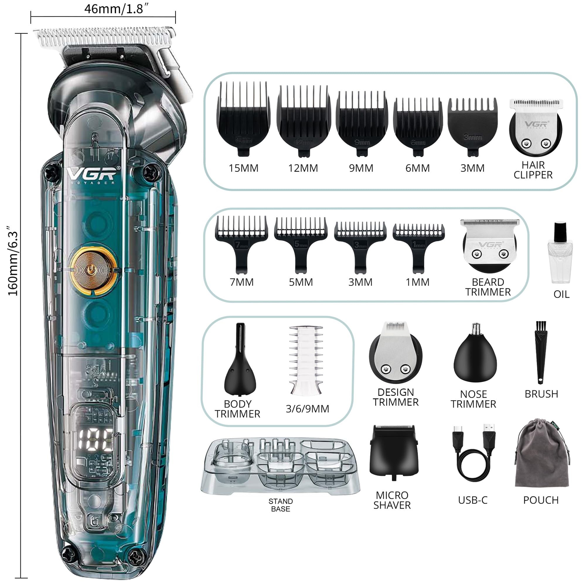 VGR Rasoio elettrico da uomo ricaricabile tramite USB-C All in One Grooming 180 Min Battery IPX6 Waterproof Cordless Hair Clippers – Rasoio elettrico maschio per viso, orecchio, naso, testa, corpo