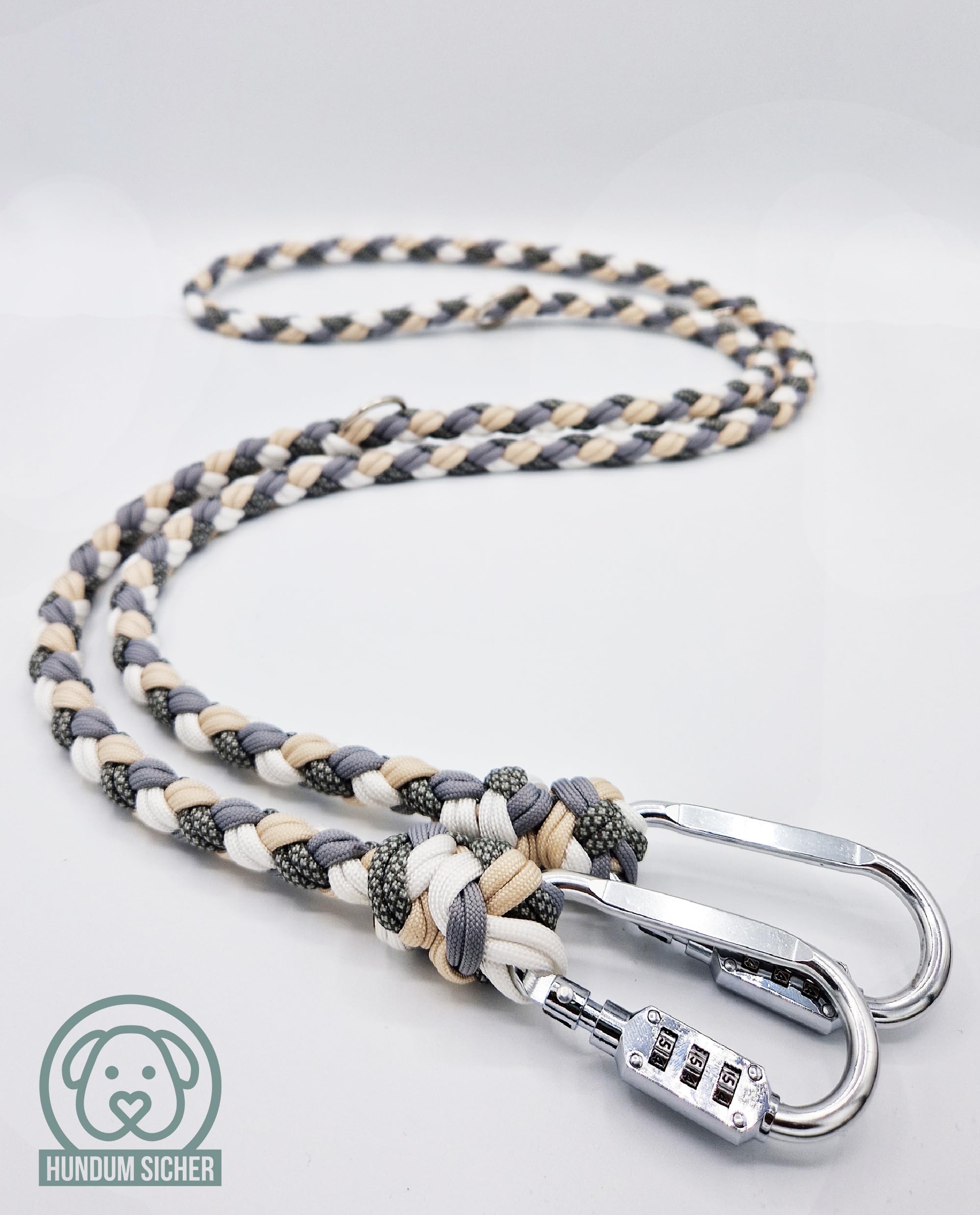Diebstahlschutz-Hundeleine und Halsband Set, Abschließbar mit Schloss, Mehrfach verstellbar, Geflochten aus Paracord, Beige & Grau & Weiß (M (Leine: 180cm))