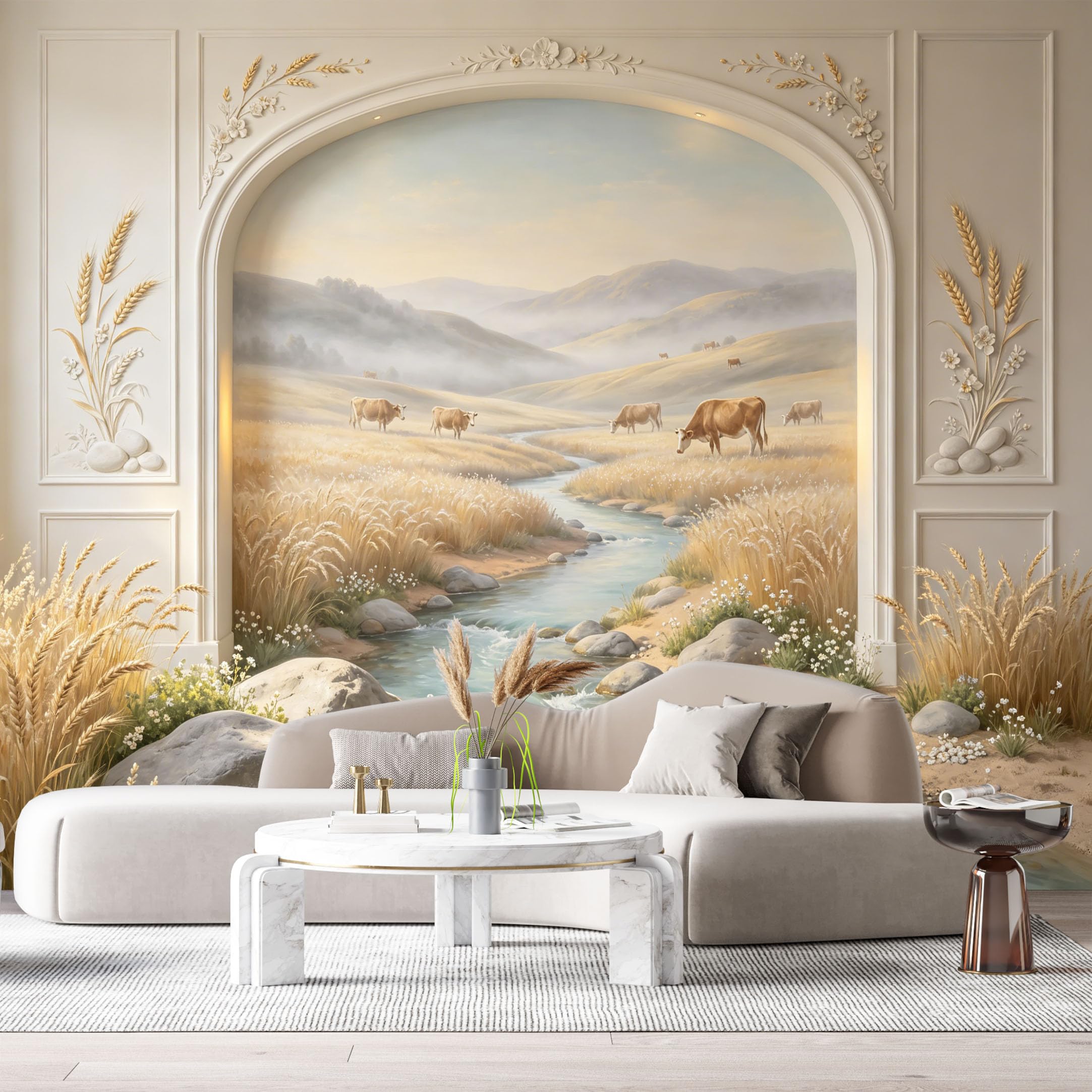 Custom Size Wall Murals Farmhouse American Country Landscape Cattle River 3D Trompe L'Oeil SelfAdhesiveWall Fabric Removable Wallpaper Wall Decor for Living Room Bedroom Bathroom