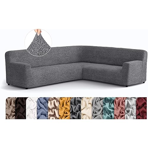 PAULATO BY GA.I.CO. Corner Sectional Couch Cover - Extra Large L-Shape Couch Slipcover - Washable Polyester Sofa Covers - 1-Piece Form Fit Furniture Protector - Microfibra - Dark Grey (Corner Sofa)