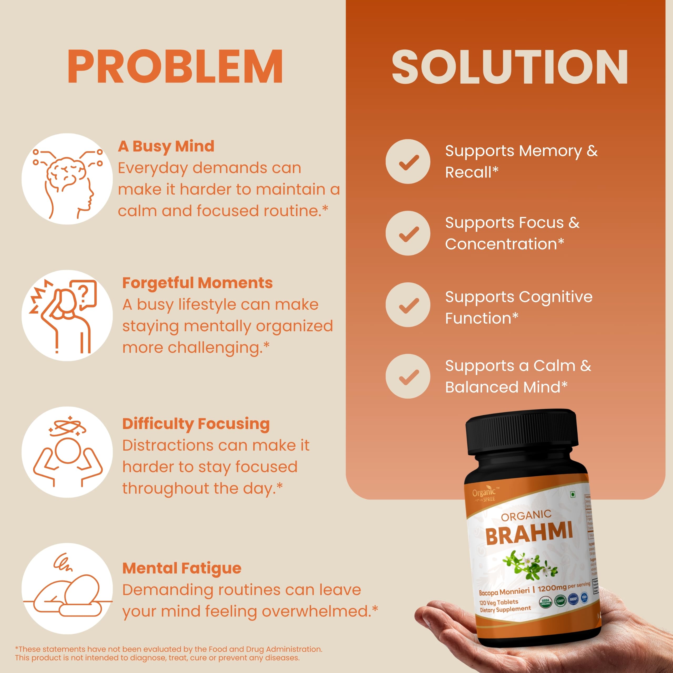 ORGANIC SPREE Brahmi 120 Tablets - Supports Memory, Focus & Daily Wellness* - Bacopa monnieri - 60 Days Supply - USDA Organic, GMP Certified — Amazon image 3