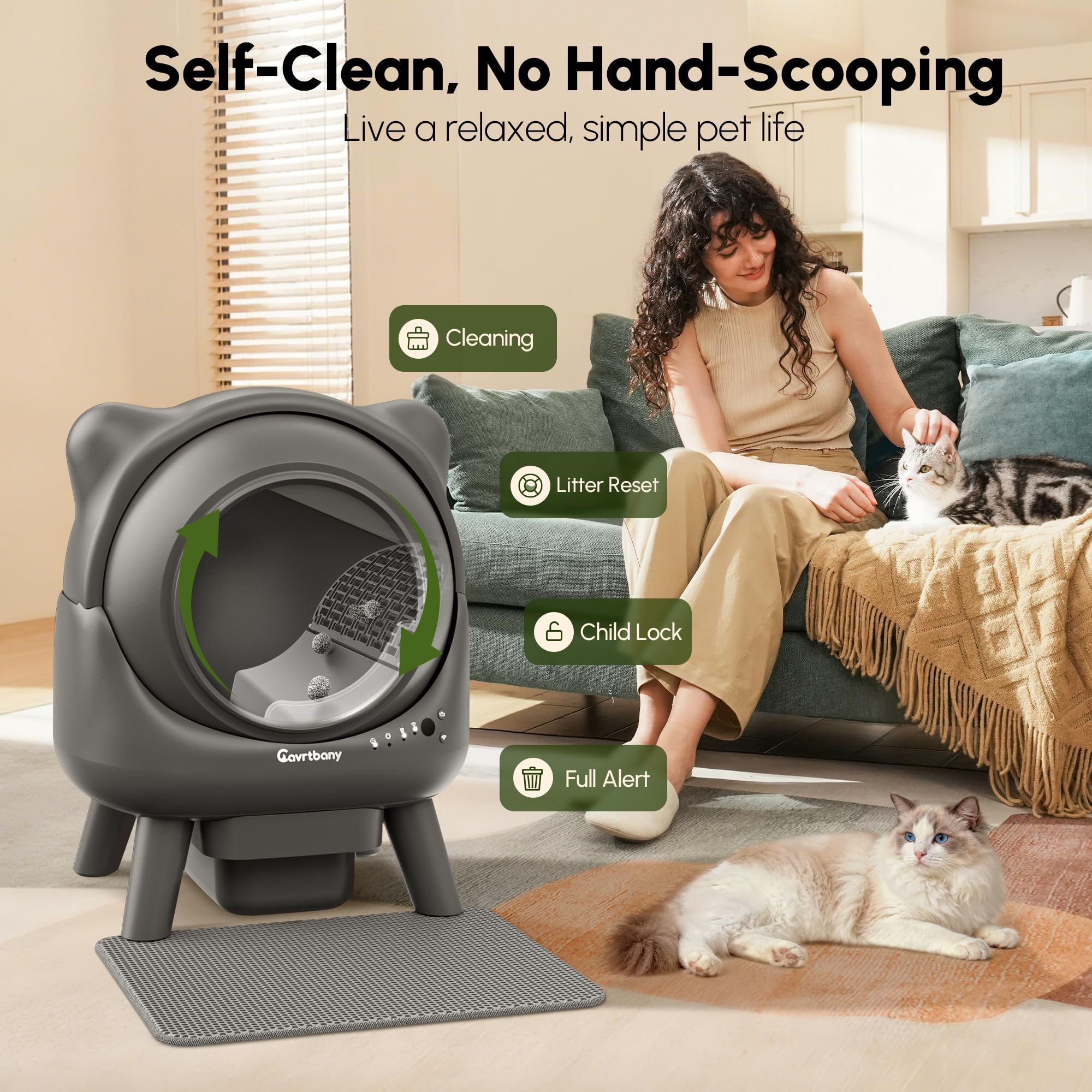 Cavrtbany Automatic Litter Box, Self Cleaning Litter Box, Cat Robot for Multiple Cats, with Smart APP Control and Health Monitoring, Safety Sensors, with Trash Bags, Grey - image 2