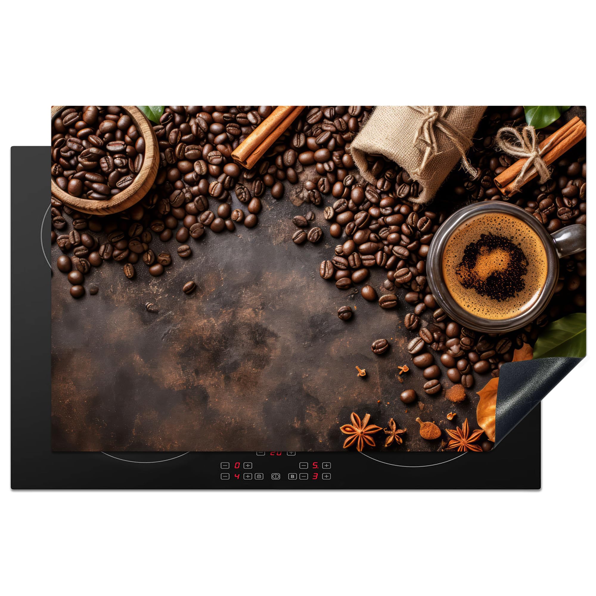 KitchenYeah© Induction Hob Cover Protector Mat 20.5"x31.9" / 81.2x52 cm Kitchen Universal Ceramic Covers for Electric Cookers Vinyl Coffee - Kitchen - Coffee Beans - Leaves