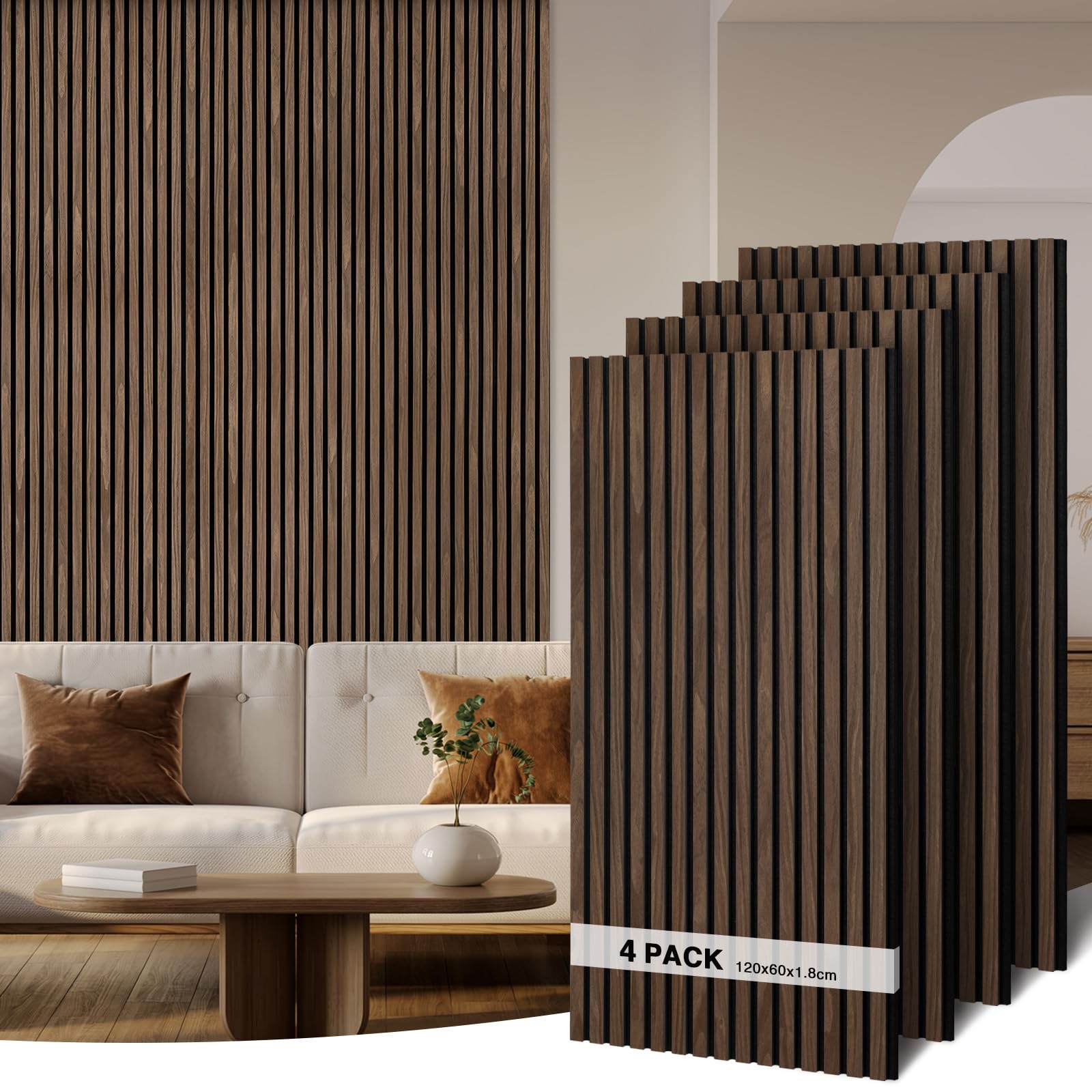 Akustikpaneele Holz 120x60cm-4er Set(2,88m²) 3D Wandpaneele mit Holzfurnier & Filz, Akustik Holzpaneele Wand Für Studio, Wohnzimmer & Büro|Dekorative Wandverkleidung Innen Dunkel Walnuss#11