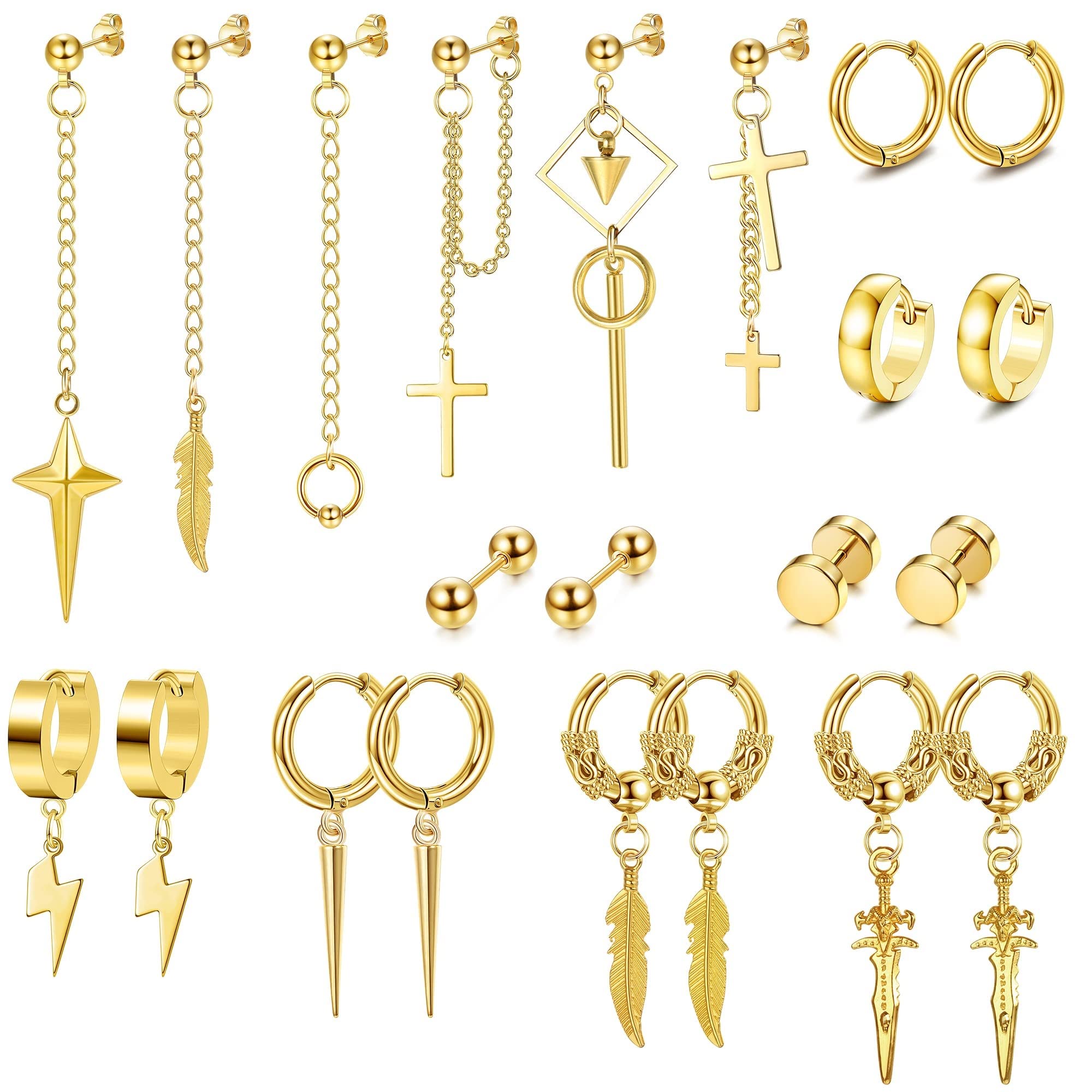 JeryWe 22 Pares aretes colgantes para hombre acero inoxidable, con bisagras, cadena larga, aretes colgantes de cruz, juego de aretes Kpop para hombre, Acero inoxidable