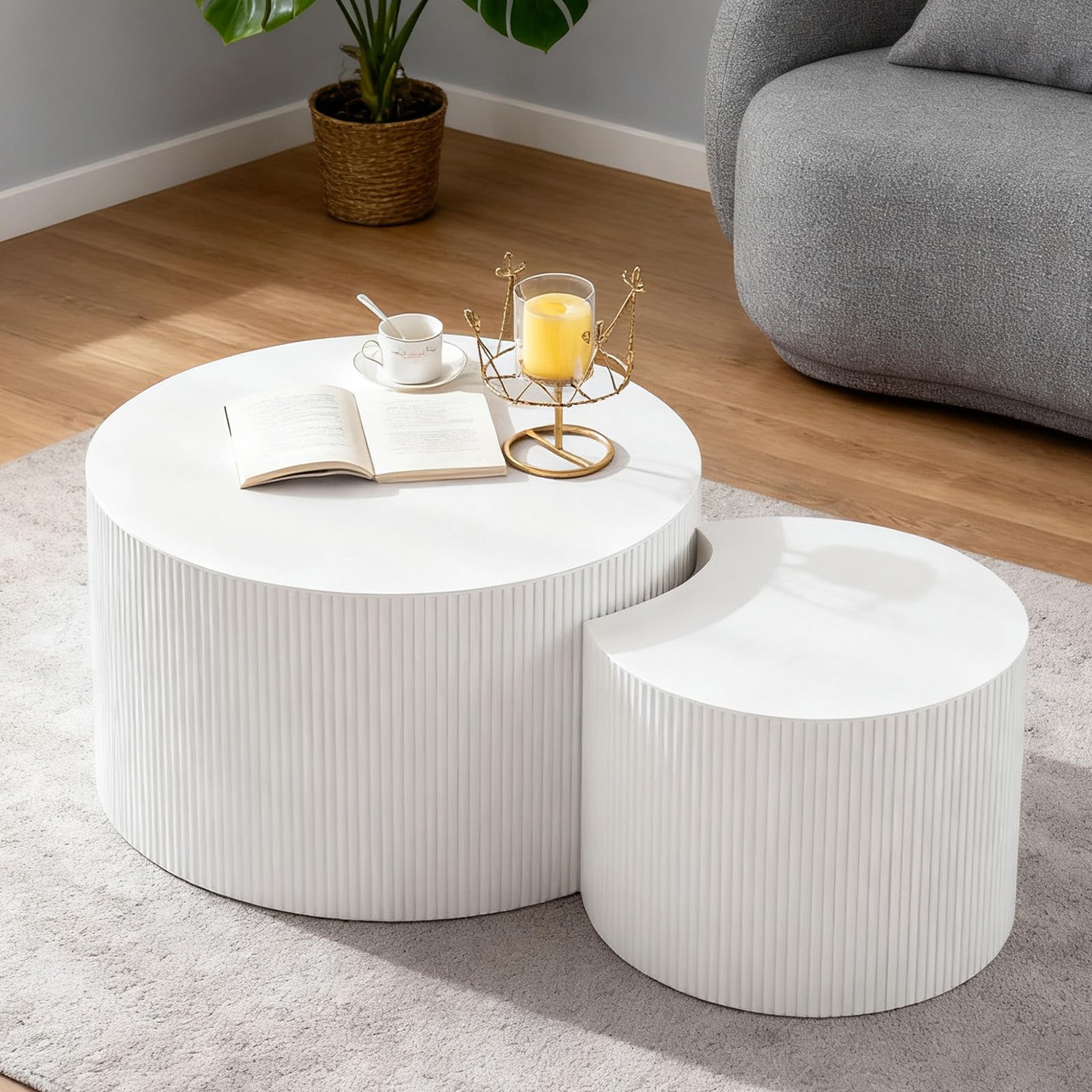 Round Nesting Coffee Table Modern White Fluted Coffee Table Set of 2 Stripe Cream Round Coffee Tables Drum Crescent Side Table Accent End Table for