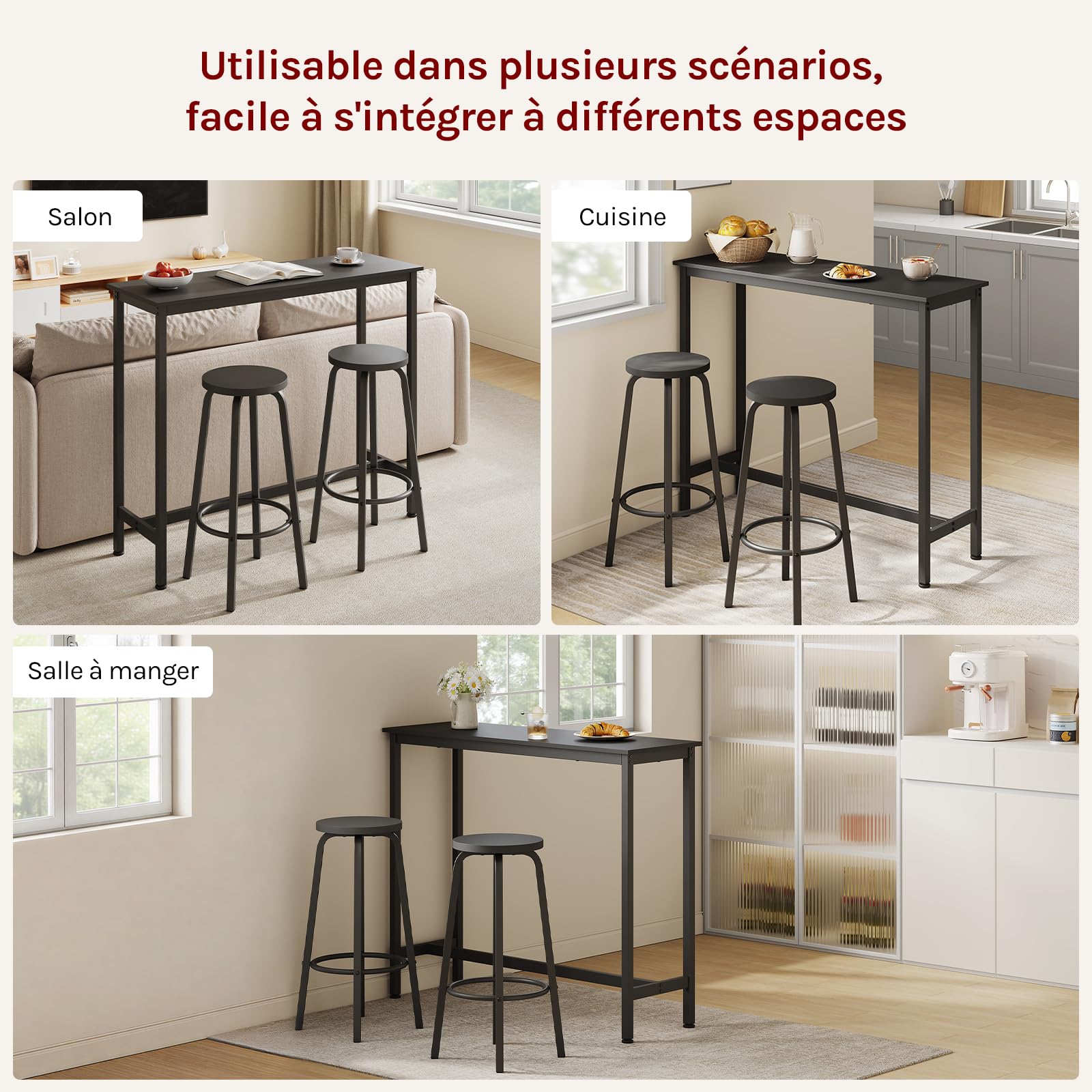 WOLTU Table avec 2 tabourets de Bar, Bar Table à Manger en métal, Mange Debout pour Cuisine, Bar, Bistro, 120x40x100cm, Noir