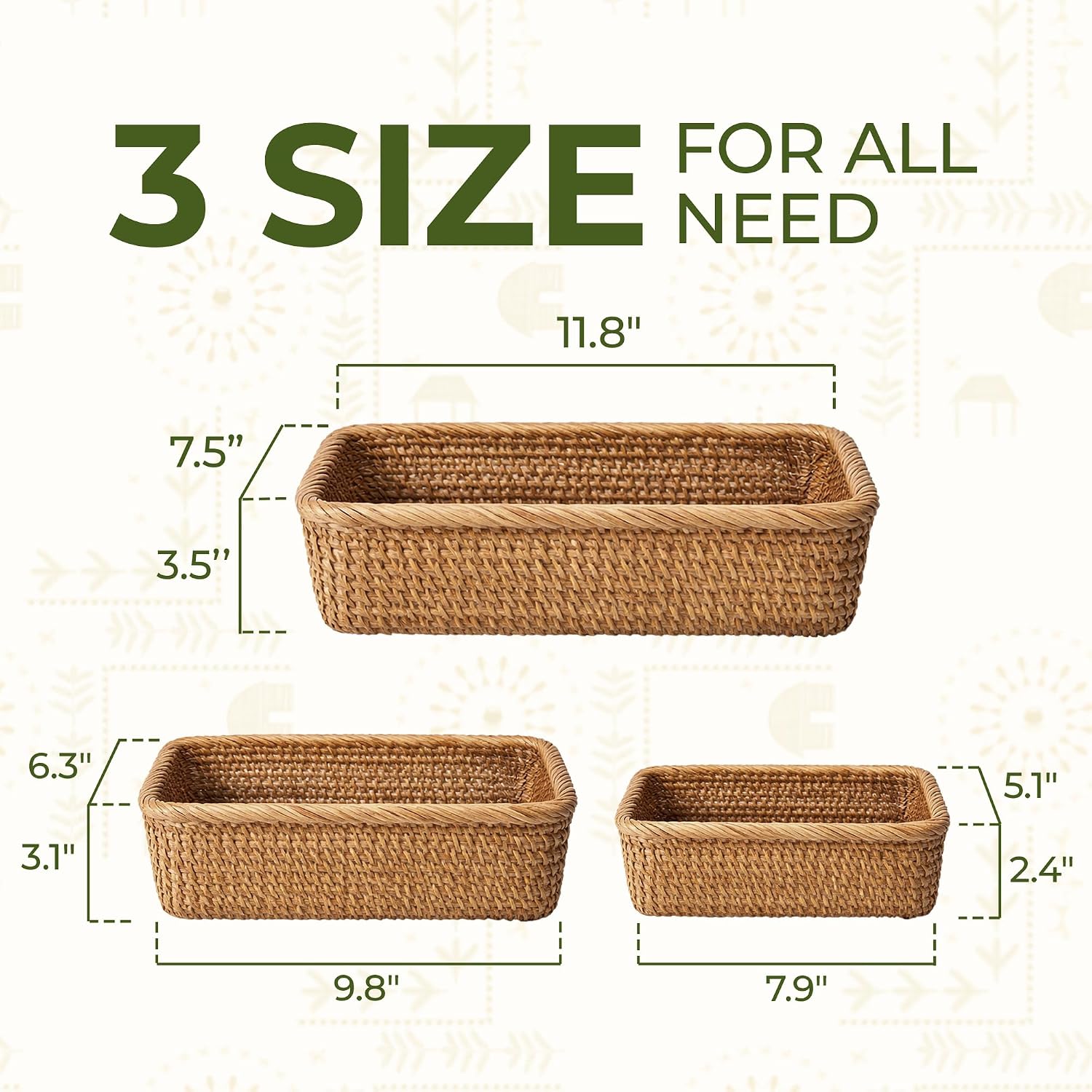 Rattan Storage Baskets Set of 3, Handwoven Wicker Nesting Baskets for Pantry, Kitchen Counter, Bathroom & Shelf Organization, Decorative Boho Farmhouse Storage Bins image 2