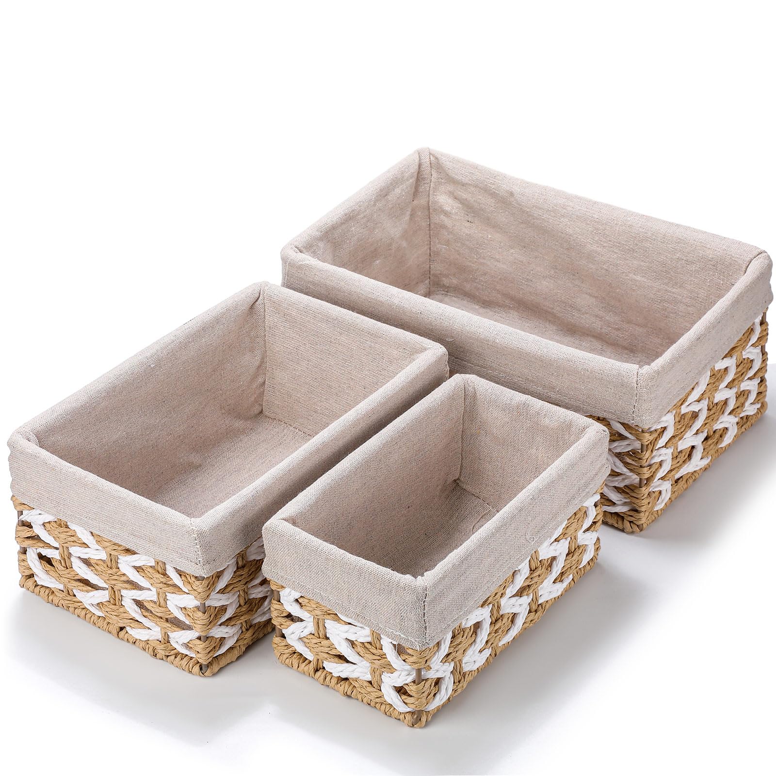 Photo 1 of 3 Pcs Paper Rope Woven Storage Baskets with Liner Handmade Decorative Home Storage Bin Shelf Baskets for Organizing Clothes Closet Bathroom Home Office, 3 Size(Rectangular)
