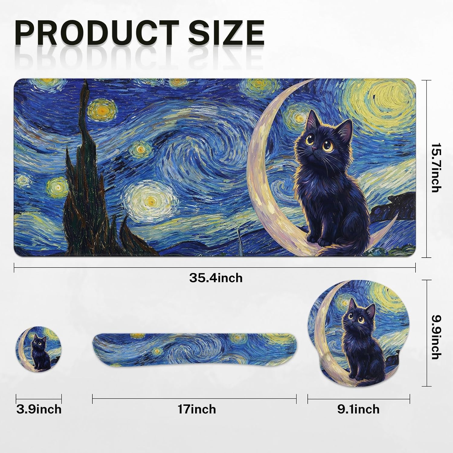 Arttown Cat Moon Star Desk Mat Blue Mouse Pad Set 4 in 1 Ergonomic Design Large Mouse Pad + Keyboard Wrist Rest + Mouse Wrist Rest + Coaster Suitable for Home Office Study Game