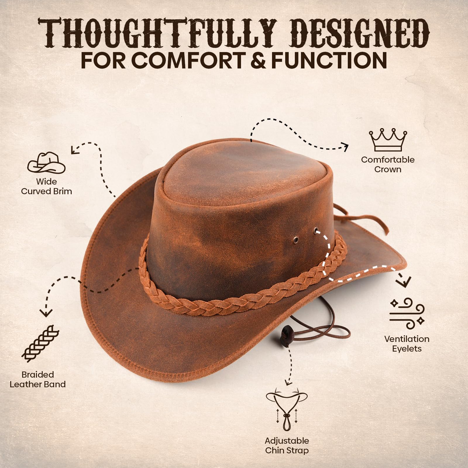 Equine Care Cappello da cowboy Outback in pelle pieno fiore, unisex, con fascia intrecciata e sottogola, stile vintage occidentale per uomini e donne, marrone