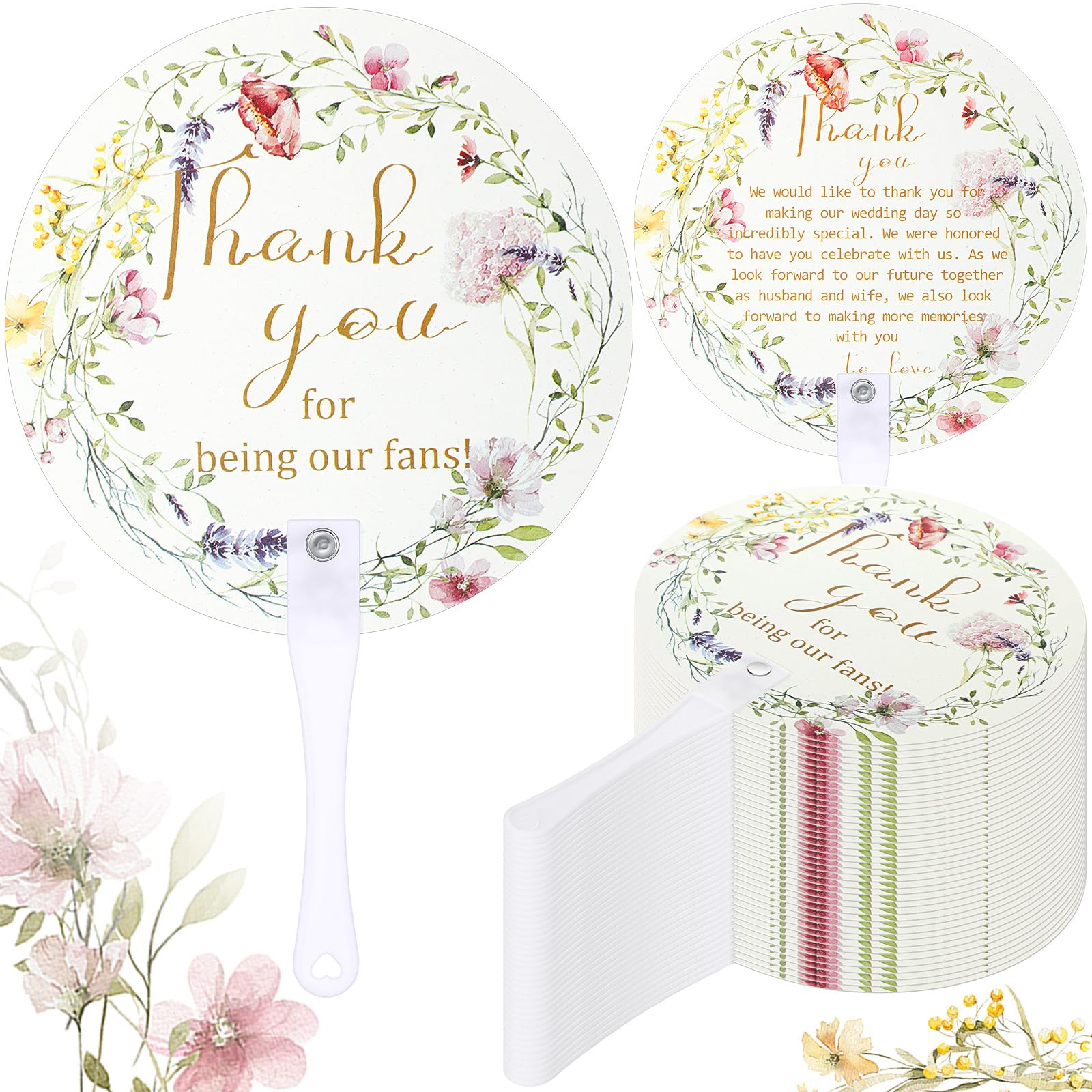 Roowest 100 Pcs Wedding Fans Bulk for Guests Floral Handheld Wedding Fans Gifts with Handle for Ceremony Bridal Shower Birthday Party Decoration