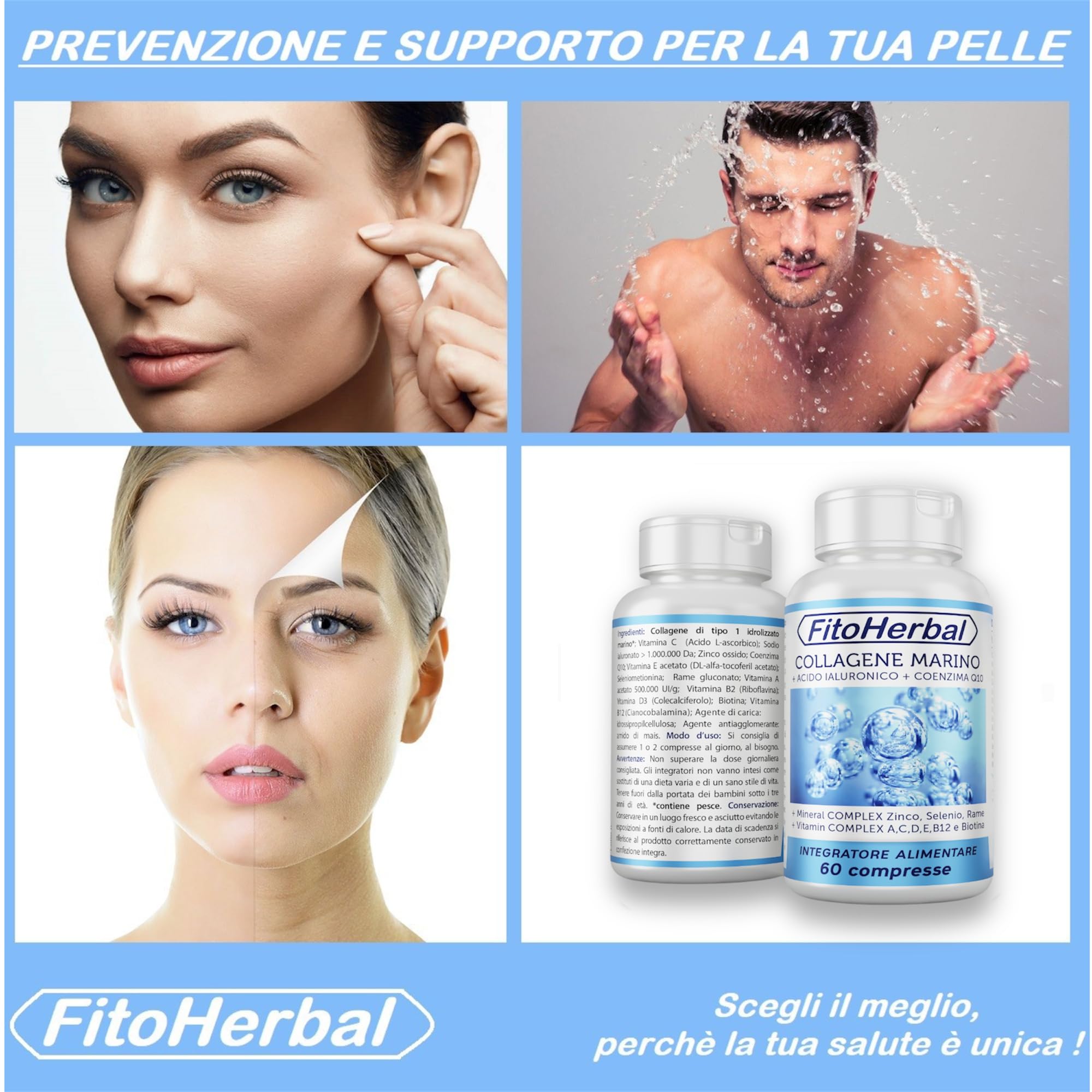 COLLAGENE MARINO CON ACIDO IALURONICO Coenzima Q10 | Compresse di Collagene Idrolizzato Potenziato con Vitamina Complex A C D E B12 Biotina Zinco Selenio Mantenimento Pelle Capelli Articolazioni Ossa