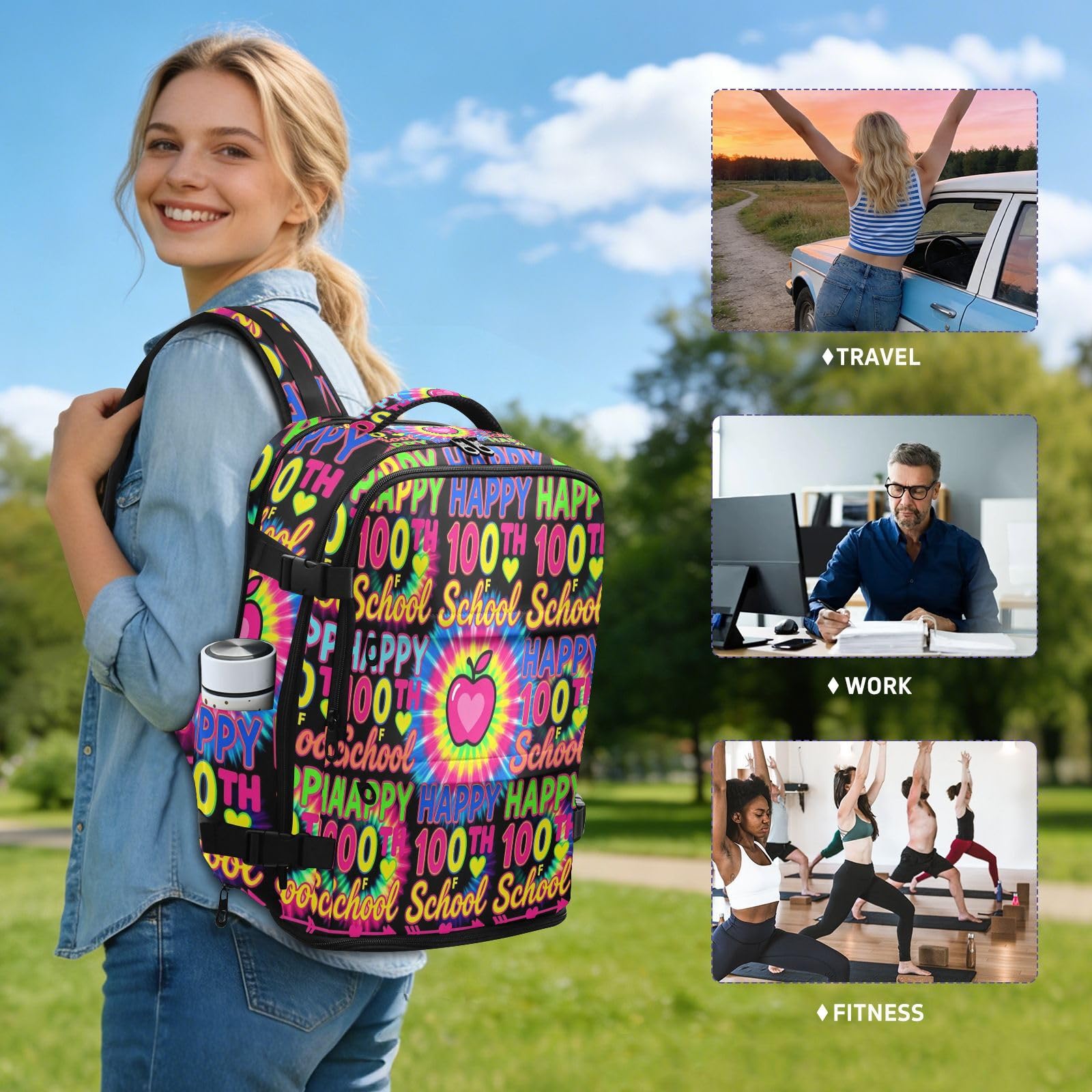 Plecak roboczy dla kobiet 15-calowa torba na laptopa do samolotów 20 l | Wodoodporna lekka podróżna torba na laptopa Tie Dye Happy 100th Day Of School torba na laptopa 16 cali dla kobiet podróż