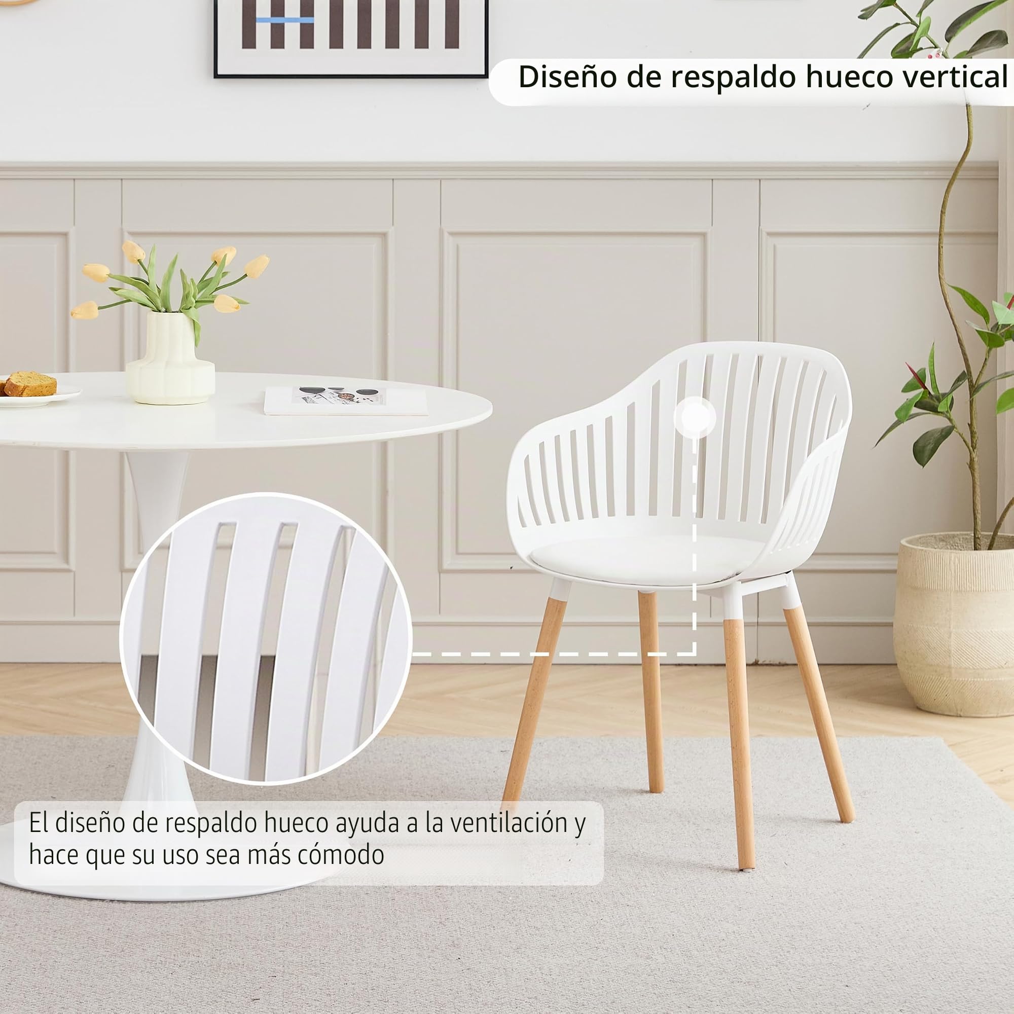 GrandCA HOME Juego de 4 Sillas Modernas de Comedor y Cocina con Reposabrazos y Cojines, Respaldo Hueco Vertical y Patas de Madera para Sala, Balcón y Oficina - Blanco