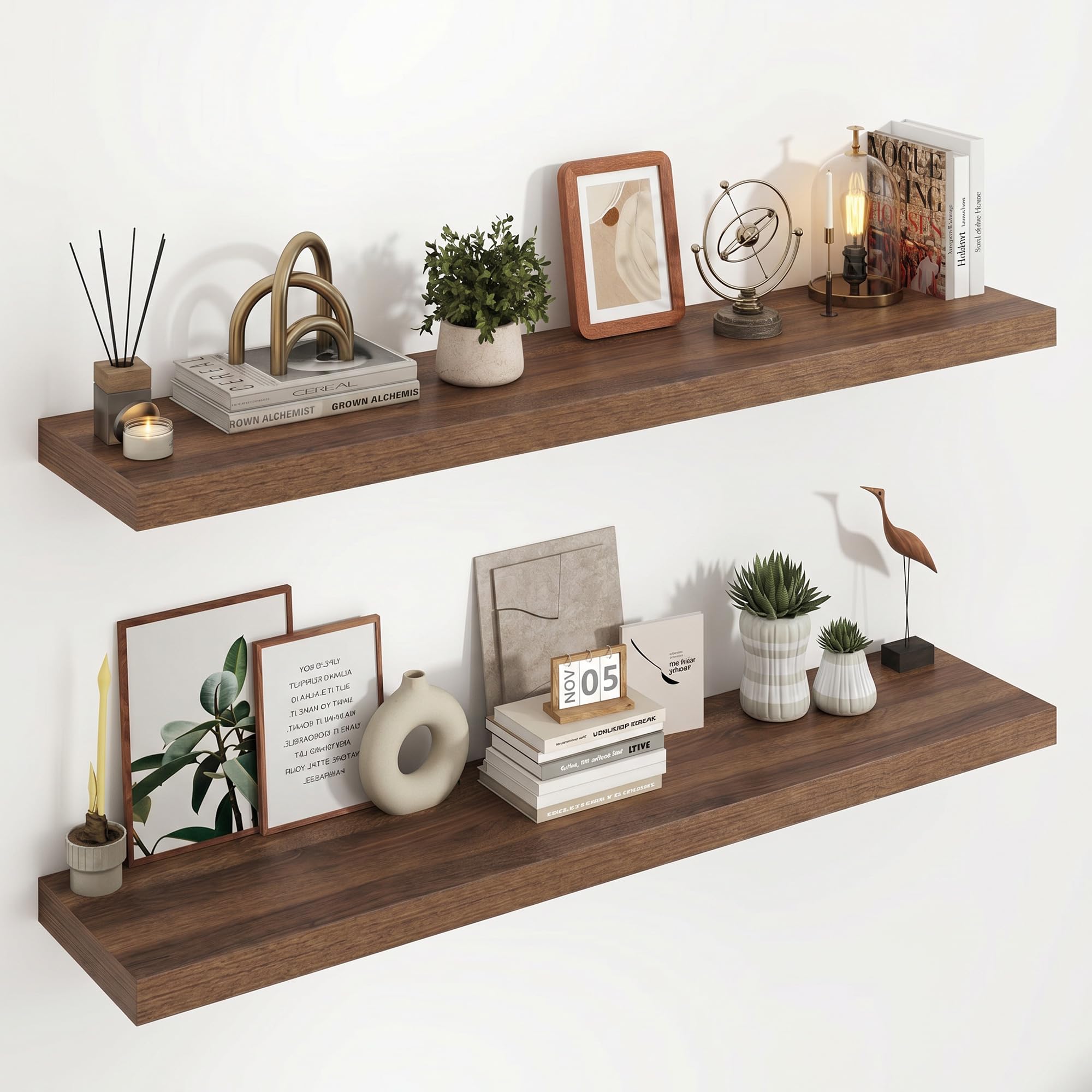 Acovy Floating Shelves for Wall, 23.5cm Extra Deep 120cm Long Wooden Wall Mounted Shelf, Wall Shelves for Living Room Bathroom Bedroom Kitchen, Walnut, Set of 2