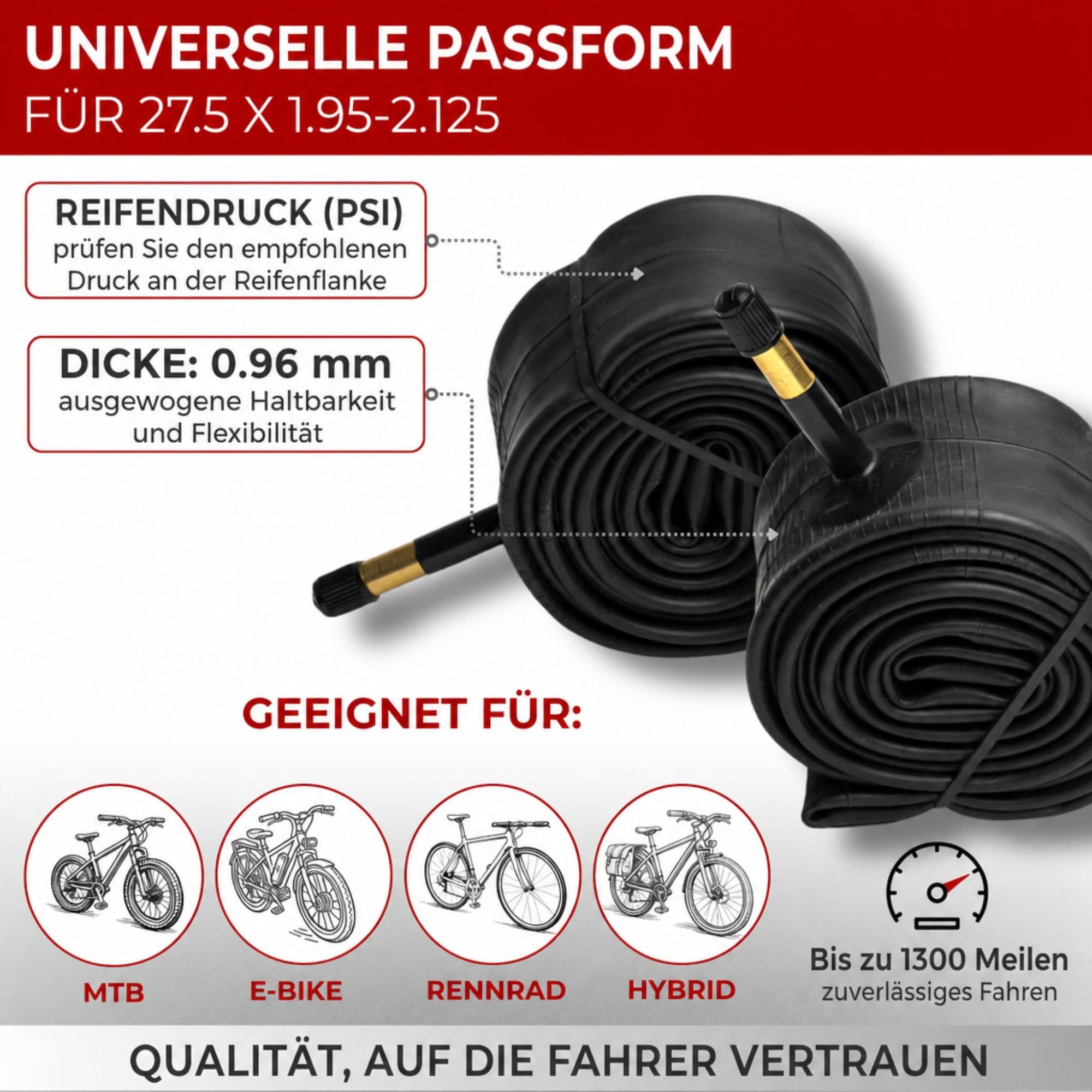 Fincci Fahrradschlauch 27,5 Zoll 48mm Schrader Autoventil MTB Set 2er Pack