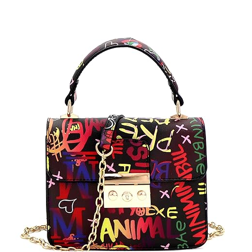 Retro Vintage Neon Multicolor Colorful Graffiti Clutch Tote Purse Crossbody Sling Bag Handbag (Hardware Top-Handle - Graffiti Art Multi/Dark)