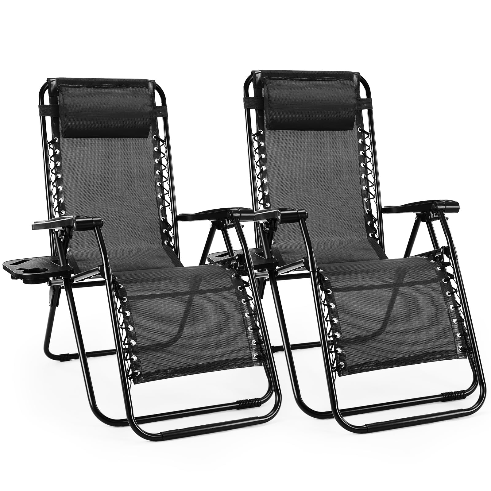 Pack 2 Tumbonas Jardin Exterior - Tumbona Plegable con Portavasos y Reposacabezas, Reclinable Sillas Jardin Exterior para Jardin, Playa, Piscina y Terraza, Negro