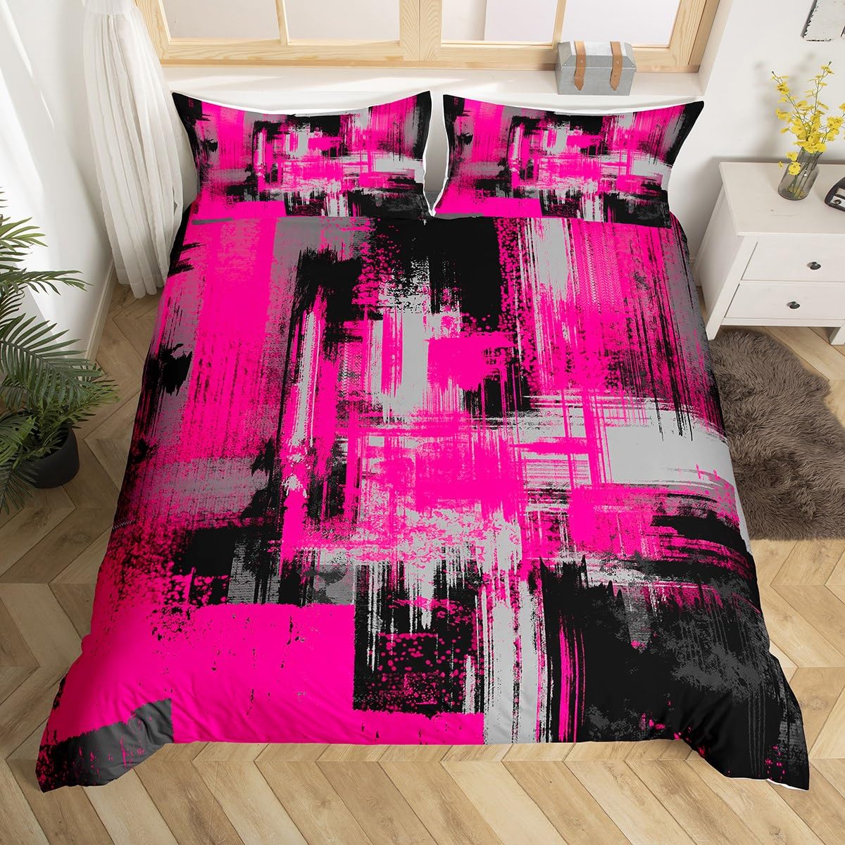 Housse de couette géométrique parure de lit double moderne rose gris noir Loussiesd