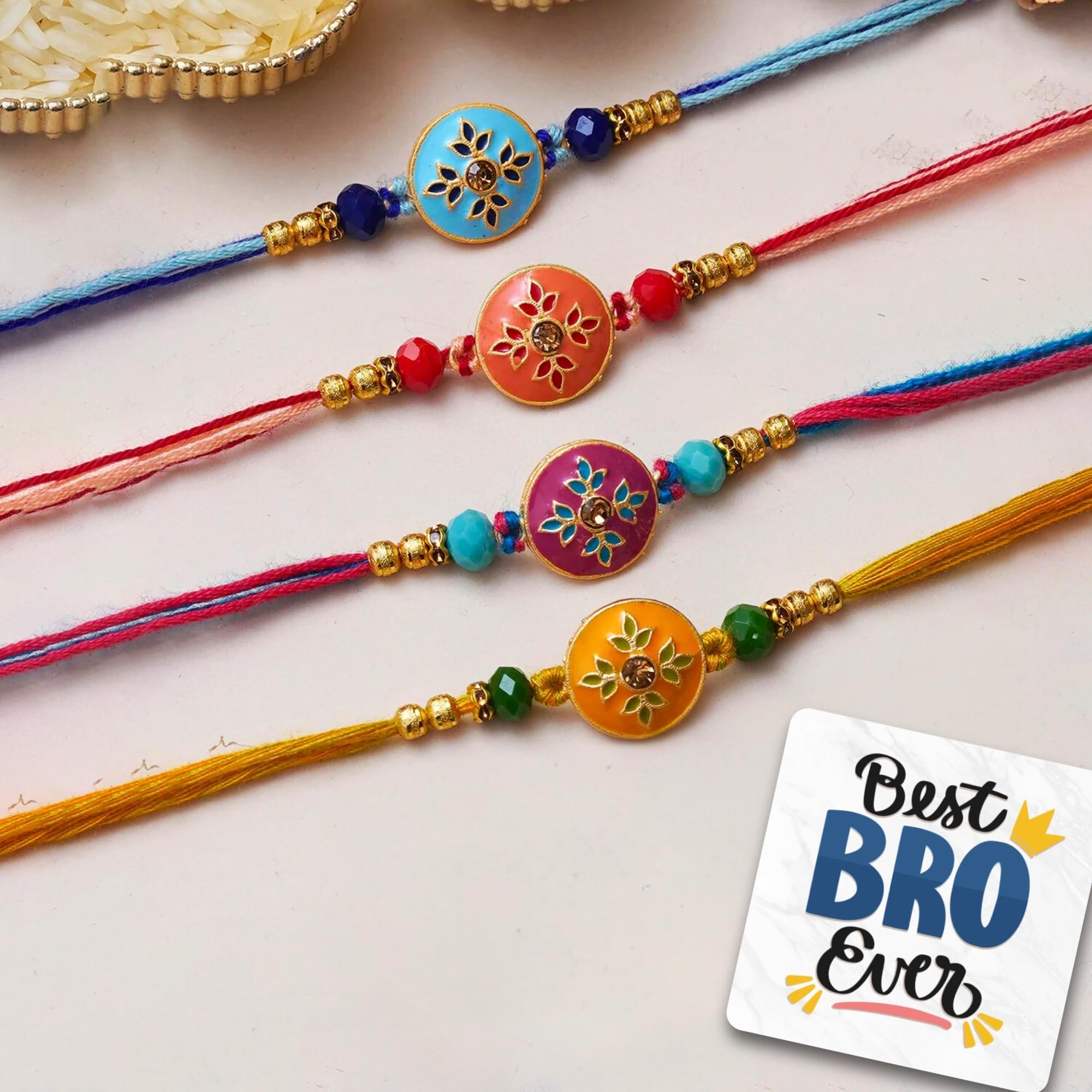 eCraftIndia Set of 4 Multicolor Floral Designer Rakhis, Best Bro Ever Fridge Magnet with Roli Chawal Pack - Rakhis for Brother, Bhabhi, Kids