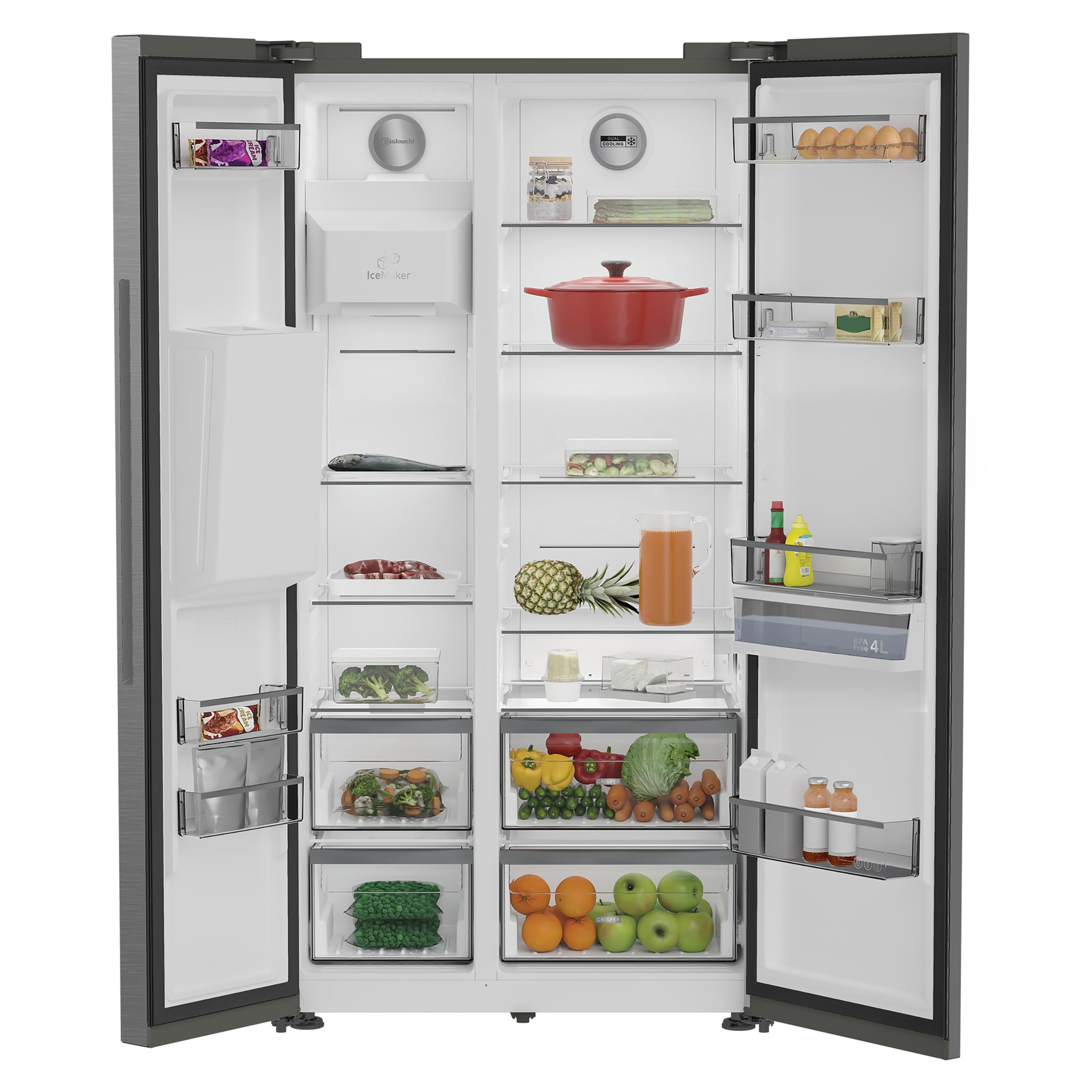 Bauknecht SBS IW E90 Pearl Side by Side Kühl-Gefrierkombination/ 25 Jahre nachgewiesene Zuverlassigkeit und Lebensdauer-Inverter Kompressor/Wasser- und Eiswürfelspender/Dual Cool Total NoFrost