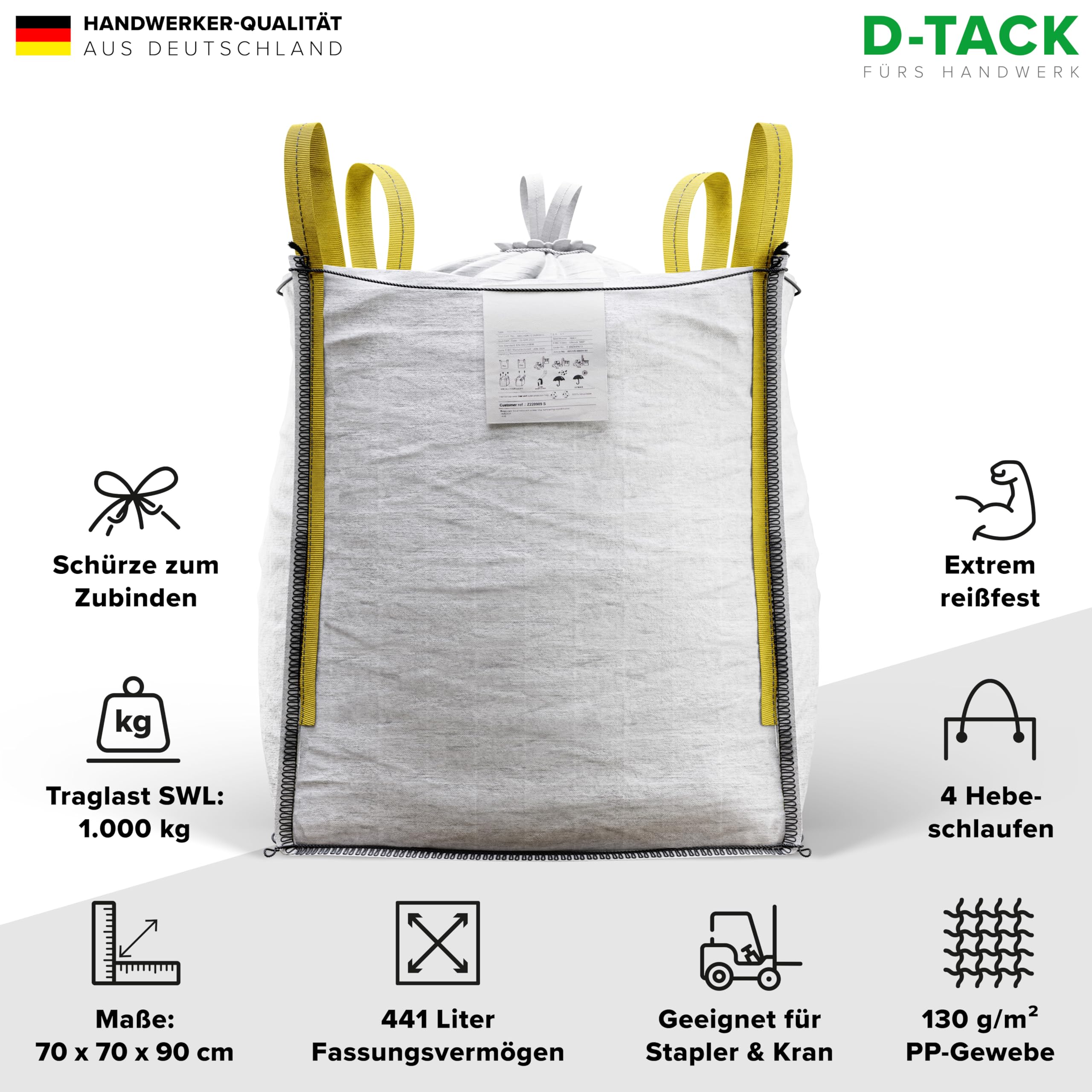 D-TACK 5x Big Bag | 70 x 70 x 90 cm | Säcke für Bauschutt, Holz, Laub, Kies, Sand, Erde, Gartenabfall, Grünschnitt, Pellets | 4 Schlaufen für Kran & Stapler | 1.000 kg | Inkl. Schürze zum Zubinden