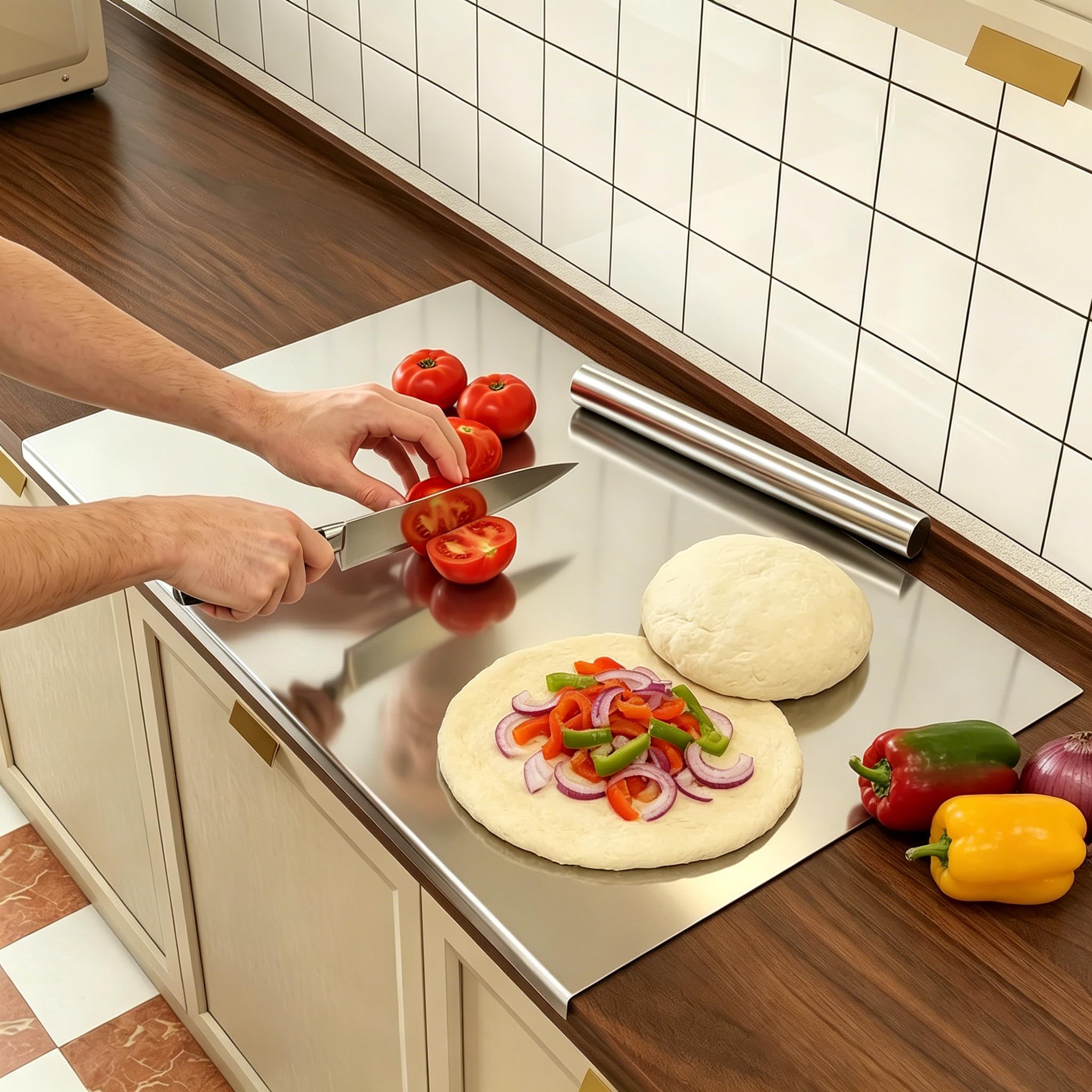 Edelstahl Arbeitsplatte mit Kante 90×50cm Schneidebrett Edelstahl mit Nudelholz aus Edelstahl und Rutschfeste Matte Schneidbretter für Arbeitsplatte Küche, Bar, Restaurants