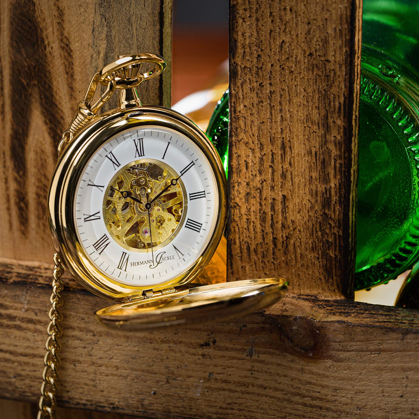 Hermann Jäckle Herren Taschenuhr Bayreuth Vergoldet Skelett 50 mm | Vergoldetes Gehäuse, Skelett-Design, Handaufzugswerk, Mineralglas, inklusive Kette und Reiseetui