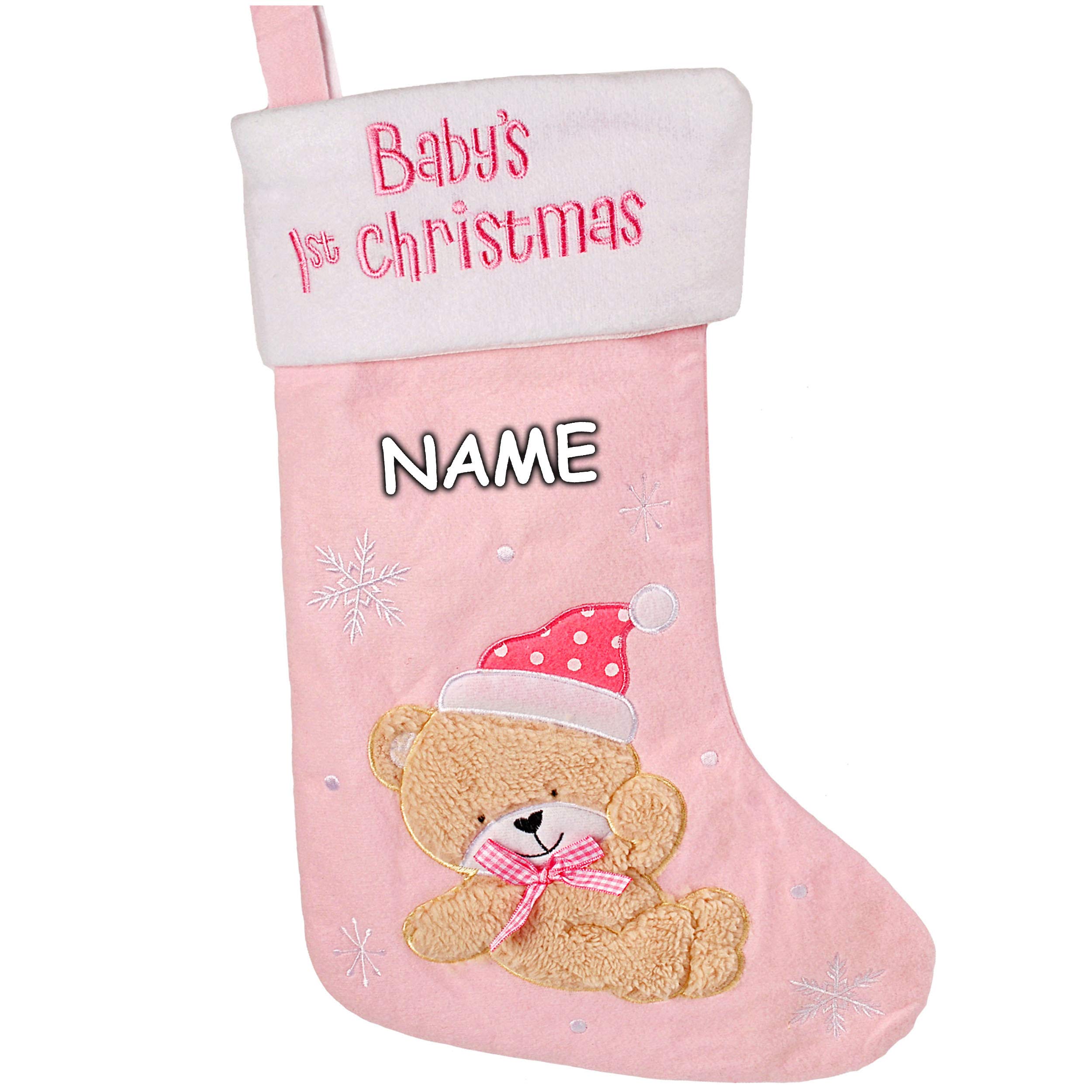 alles-meine.de GmbH 10 Stück 3D Effekt XL - Weihnachtssocken & Weihnachtsstrümpfe - Baby´s First Christmas - Teddybär - rosa/pink - 45 cm - Mädchen Baby/Geburt - 1 Jahr -..