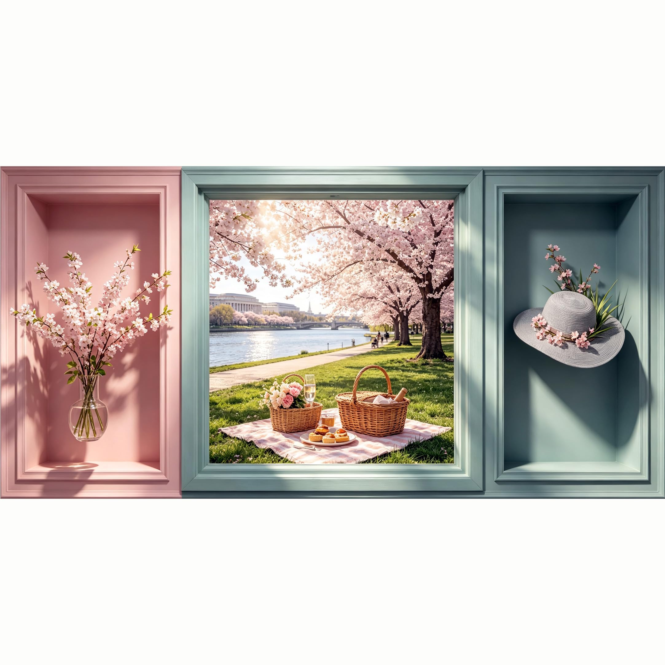 QZLITHOTIC 50x100cm 3D Framed Wall Art， Cherry Blossom Picnic River Landscape SelfAdhesive Mural， WaterActivated Peel & Stick Fabric Decor Wall Decal for Bedroom Living Room