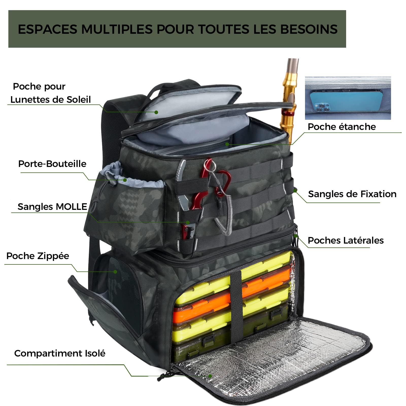 MATEIN Sac de Pêche avec Porte-Canne, Sac a Dos Peche Étanche, Camouflage