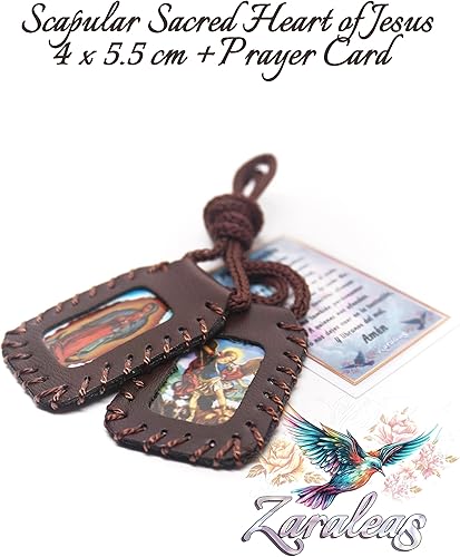 Miniatura 4 de Zaraleas Escapulario del Sagrado Corazón de Jesús, Virgen del Carmen y Guadalupe, San Miguel. Acabado en piel. 1.6 in x 2.2 in
