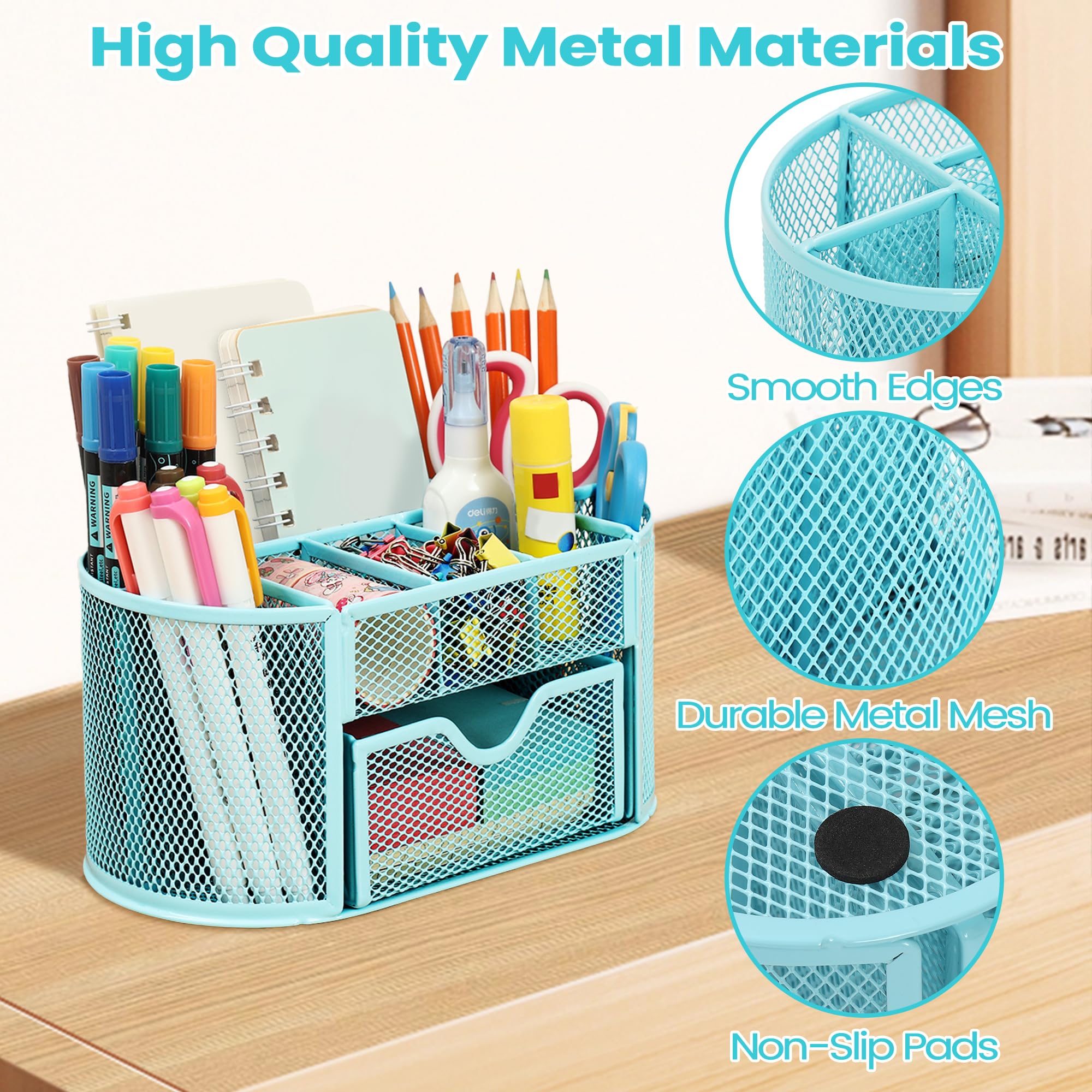 Chumix Organizer Scrivania, Porta Penne per Scrivania, Portapenne da Scrivania in Rete Metallica, Versatile Desk Organizer con Cassetto e Porta Penne, per Casa, Scuola, Uffici (Azzurro)