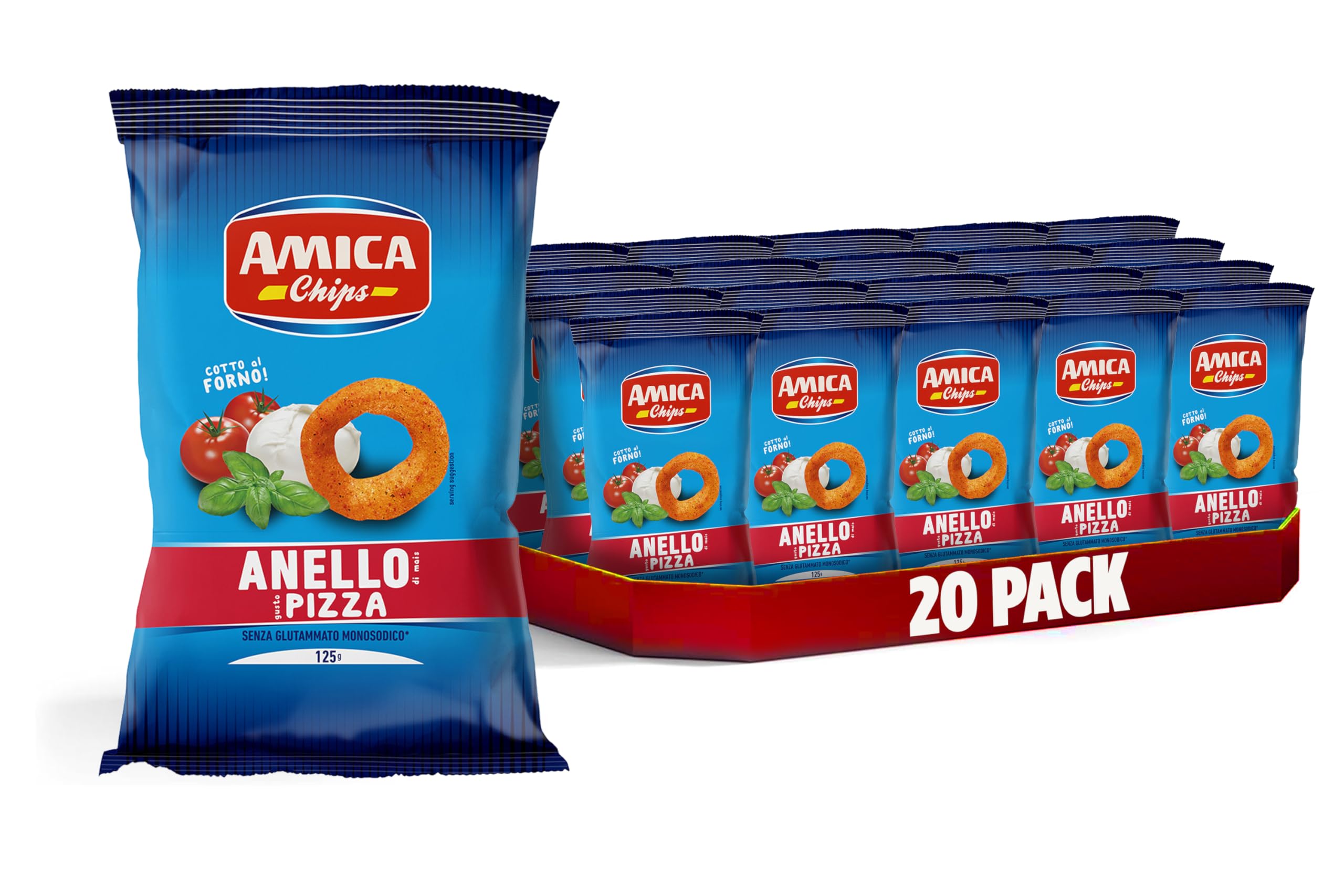 AMICA Chips | Patatine Anello al Gusto Pizza, Snack di Mais Cotto al Forno, Con Olio di Semi di Girasole, 20 Pezzi x 125 gr