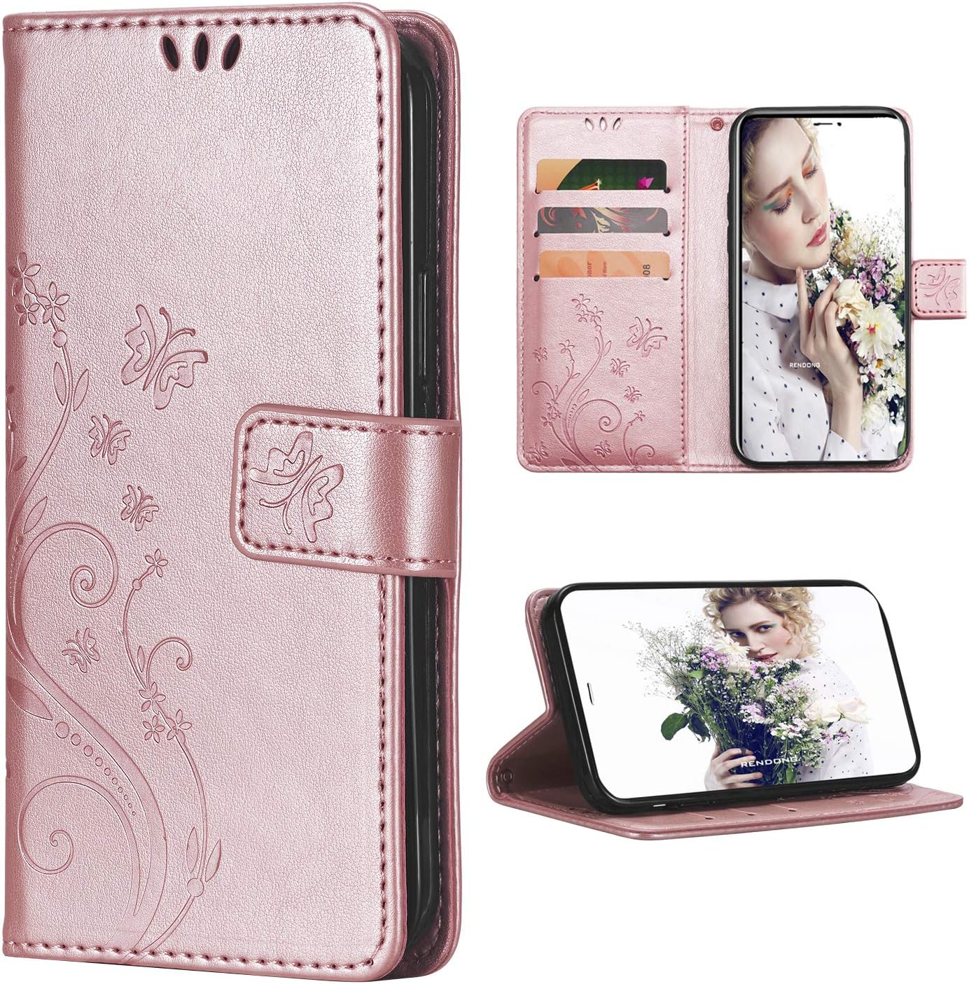 FLYEEFLYEE Case Compatible with Samsung Galaxy S8(5.8 inch,Released in 2017),Wallet Case for Women and Girls with Card Holder,Leather Flip case Kickstand for Galaxy S8-Embossed Flowers Rose Gold
