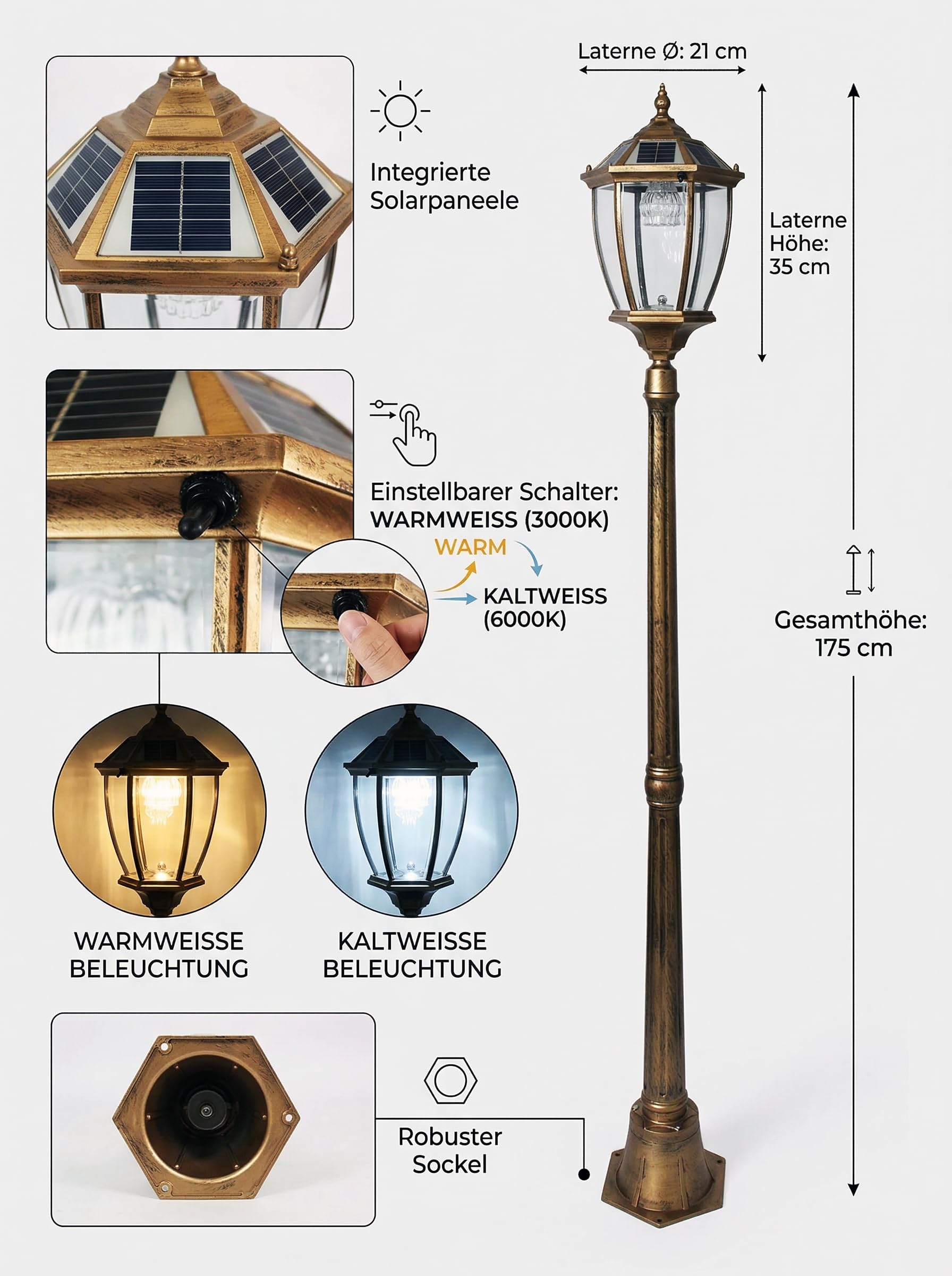 Arnusa Gartenlaterne Solarbetrieben klassisch 175 cm Solarlampe Außenleuchte Sockelleuchte kabellos Duo Color warmweiß und kaltweiß