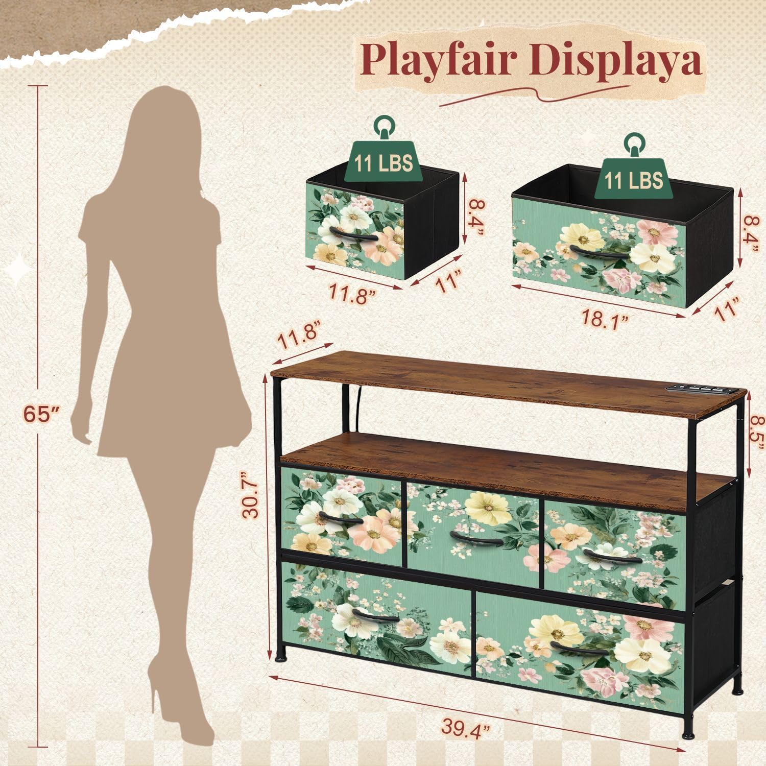 Dresser for Bedroom, Tv Stand for Bedroom Floral Green Small Colorful Nursery Roses Daisies Dressers & Chests of Drawers Fabric Closet Organizers and Storage with 5 Drawers Dresser for Closet