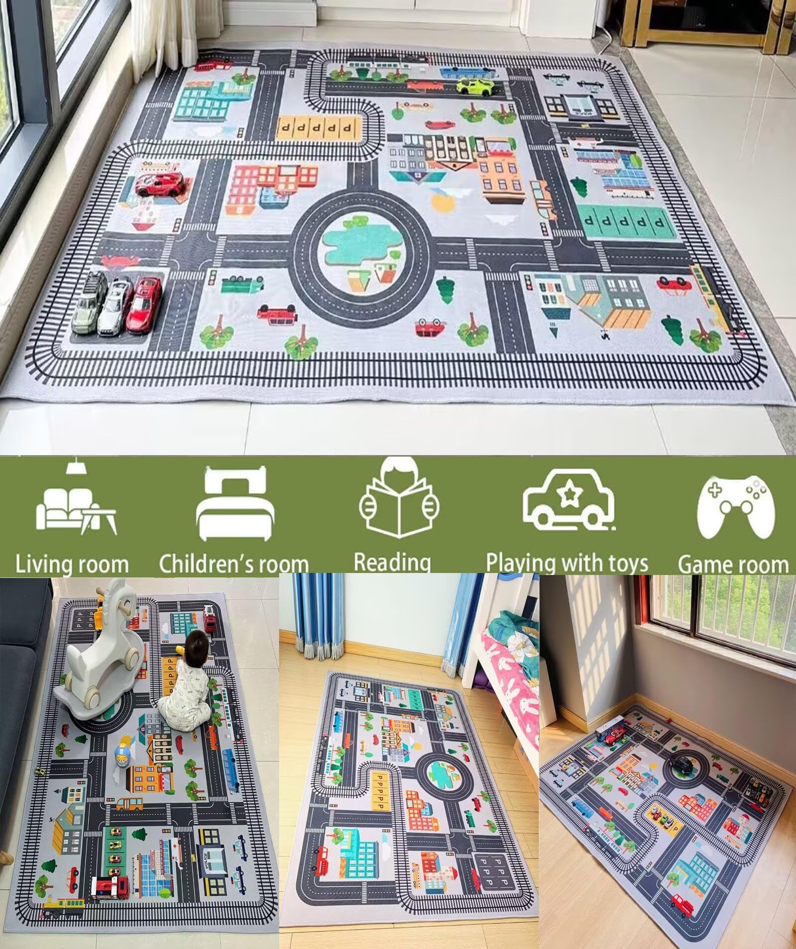 Mata do zabawy City Toy Activity Playmat Road, Mata do zabawy dla samochodzików i pociągów z widokiem na miasto, antypoślizgowy spód, różne rozmiary(Grey,62.9in*90.5in)